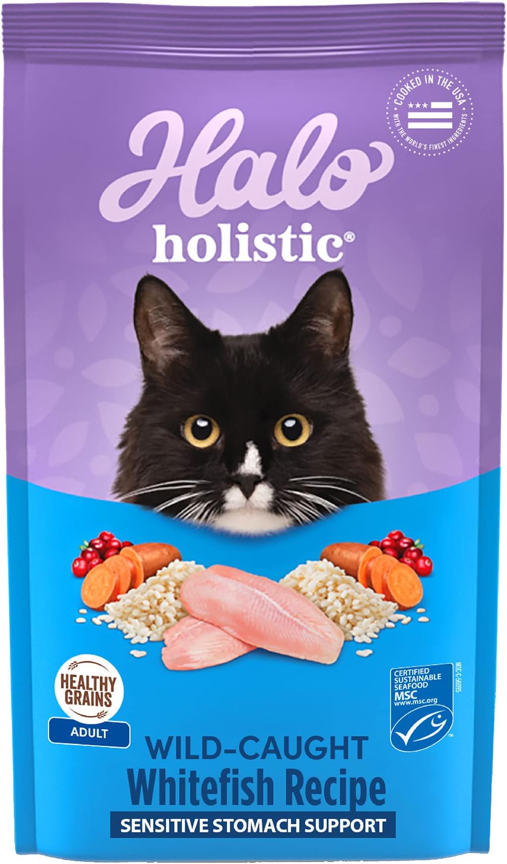 Halo Holistic Cat Food Wild Caught Whitefish Formula, Healthy Grains Dry Cat Food, For Sensitive Stomach Support, Kibble for Adult Cats, 10 lb Bag