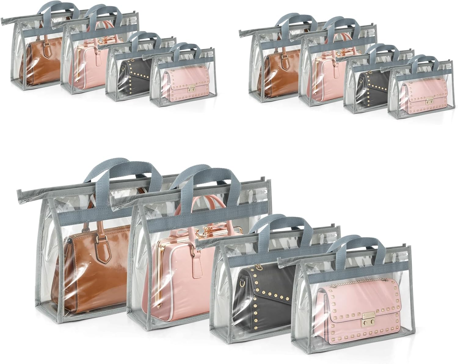 12 Pack Dust Bags for Handbags - 4-Size Set Hanging Purse Organizer for Closet with Zipper and Handle, Clear Purse Storage Organizer for Handbag, Reusable Purse Organizer