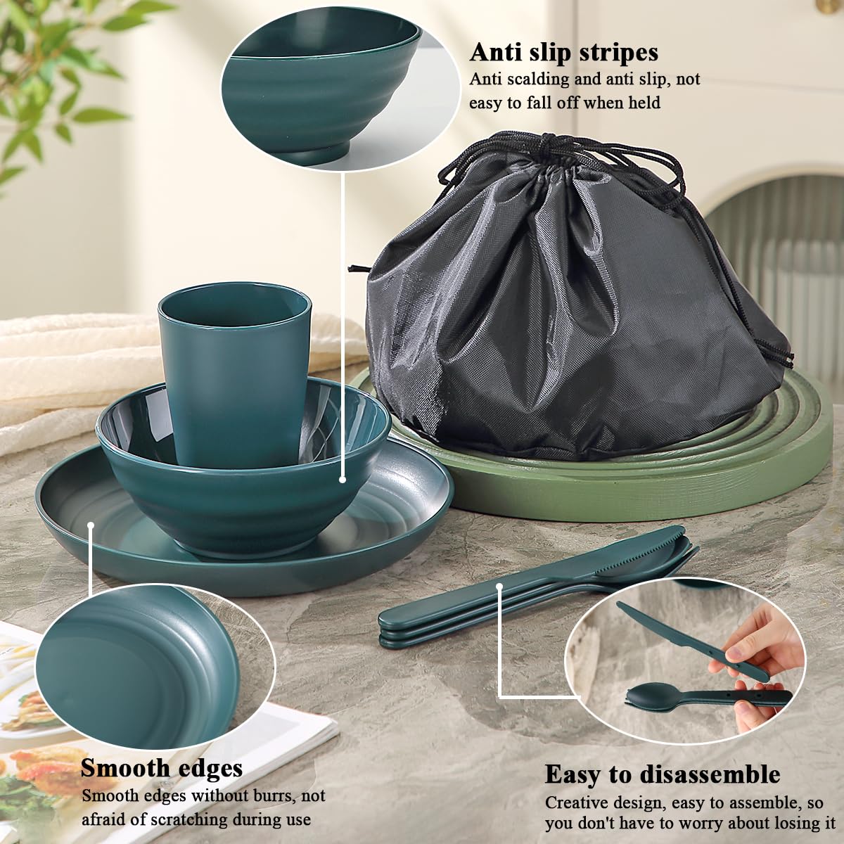 Utensili da campeggio per 2 con ciotola, piatto, tazza, cucchiaio, forchetta, coltello e borsa per il trasporto, accessori da campeggio in plastica Attrezzatura essenziale per viaggi, picnic