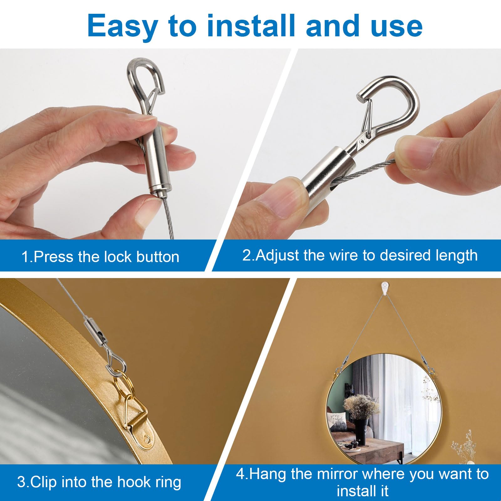 4PCS Adjustable Picture Hanging Wire Kit, 2m 1.5 Picture Hanging Wires, Mirror Hanging Kit Heavy Duty, Picture Hanging Wire, Picture Hanging Wire Kit for Hanging Pictures, Mirrors, Light Lamp, Artw - Image 2