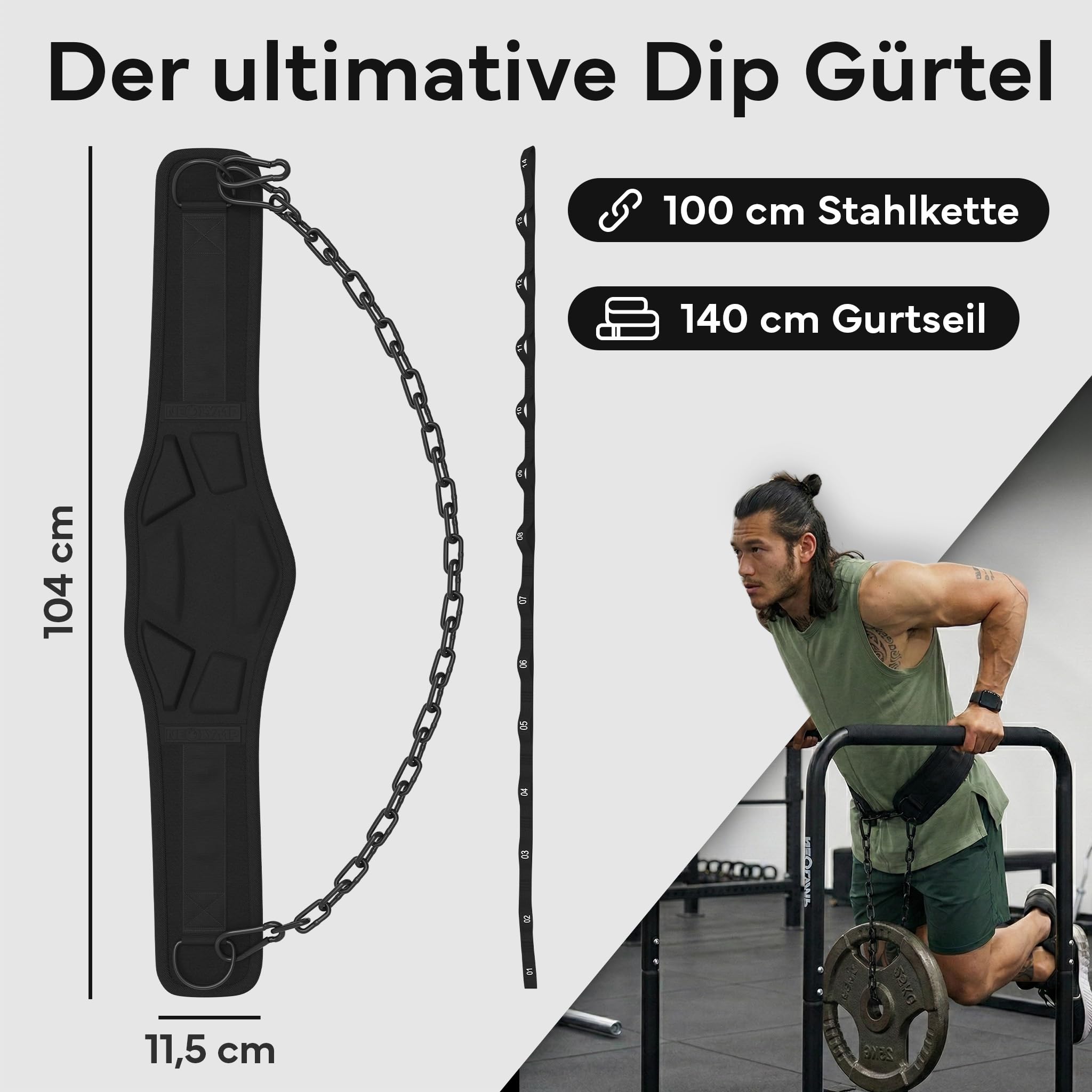 NEOLYMP Dip Gürtel – Premium Gewichthebergürtel mit Kette & 3 Karabinern für Dips, Klimmzüge & Krafttraining – Hohe Belastbarkeit bis 1.000 kg – Ergonomisches Design & Neopren-Komfort für Calisthenics