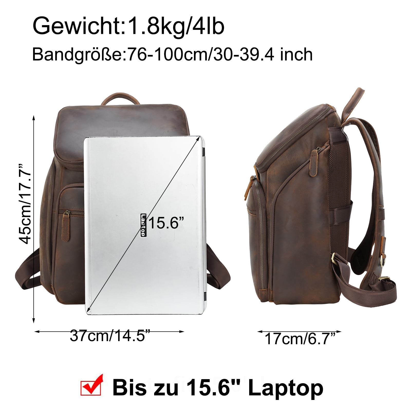 TIDING Grande Zaino da Viaggio Uomo con Porta Laptop 15.6 Pollici in Vera Pelle Vintage Zaino Business per Escursionismo e Trekking, Marrone