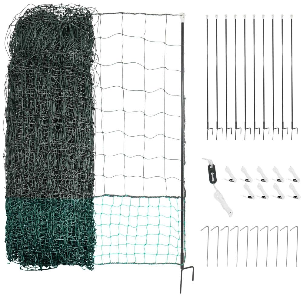Oxeo Filet de Cloture à Poule 30M - avec Porte d'accès - 10 piquets renforcés Double Pointes - Hauteur 120cm - Noir