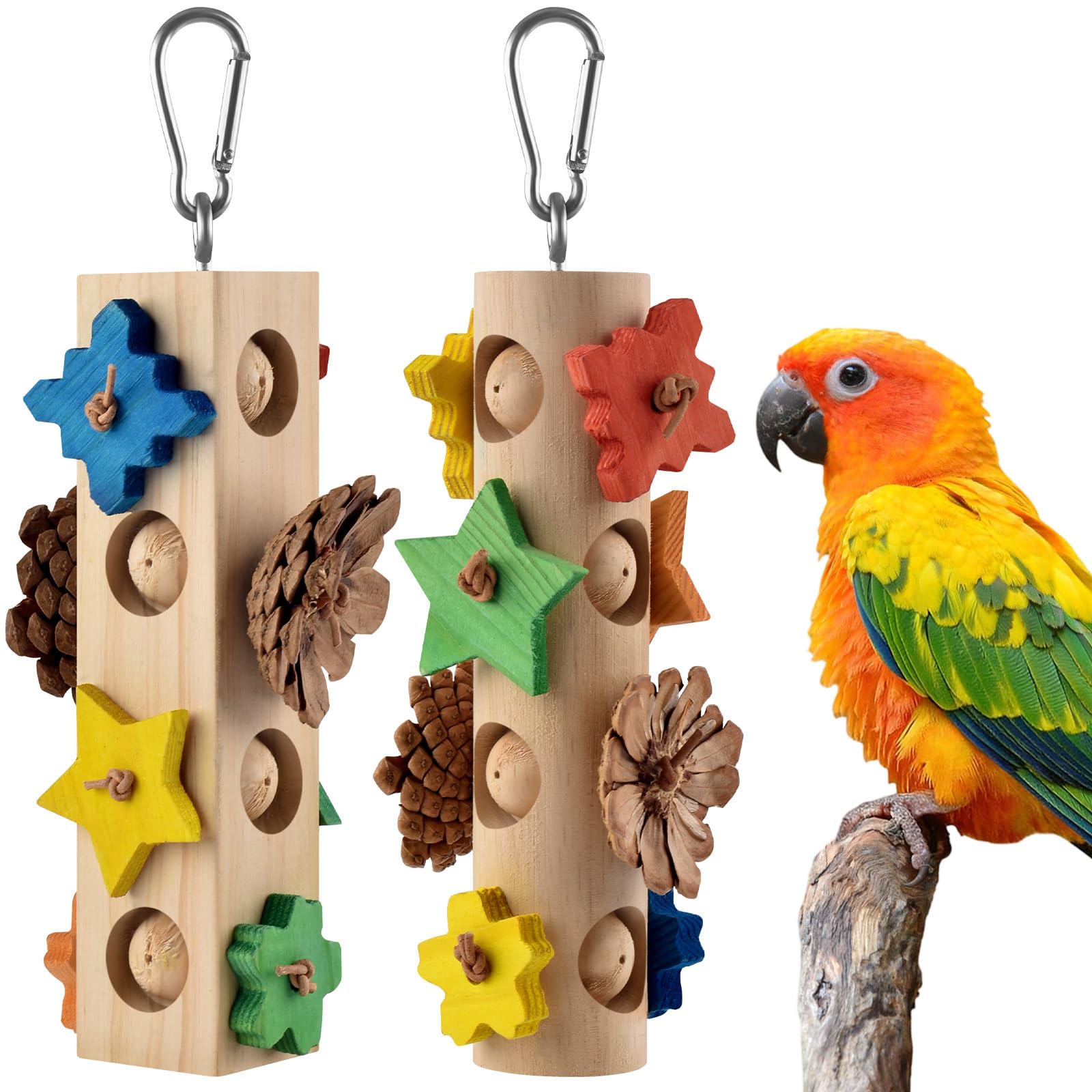 Bird Toys for Parrot, 2 Pcs Hanging Colorful Wood Blocks Pine Cones Parakeet Chew Foraging Toy for Beak-Grinding, Cage Accessories for Small to Medium Budgies, Cockatiels, Caiques, Conures