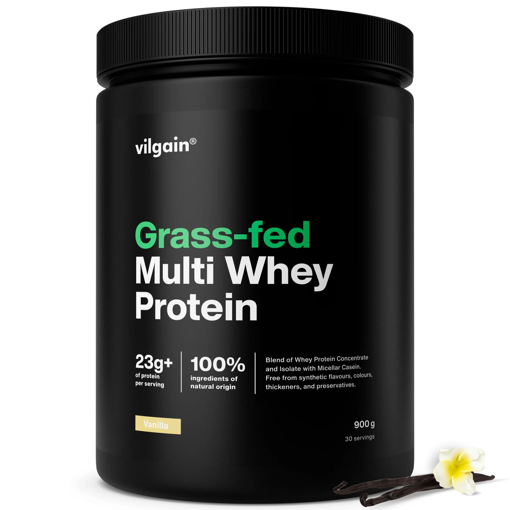 Vilgain Grass-Fed Multi Whey Protein Vanilla 900 g| 3 Protein Sources for Extended Release | Digestive Enzyme Complex | Natural Stevia Sweetened Shake | Low Sugar & Fat | 23g Protein