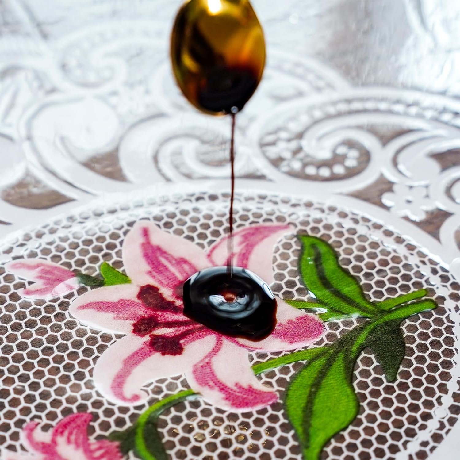 ARTABLE Clear Table Cloth Protector Vinyl PVC Rectangle with Floral Print Pattern Oil Proof Wipe-able Plastic Tablecloths for Dining Tables Parties Holidays (LaceLily, 70" x 52" (Rectangular))