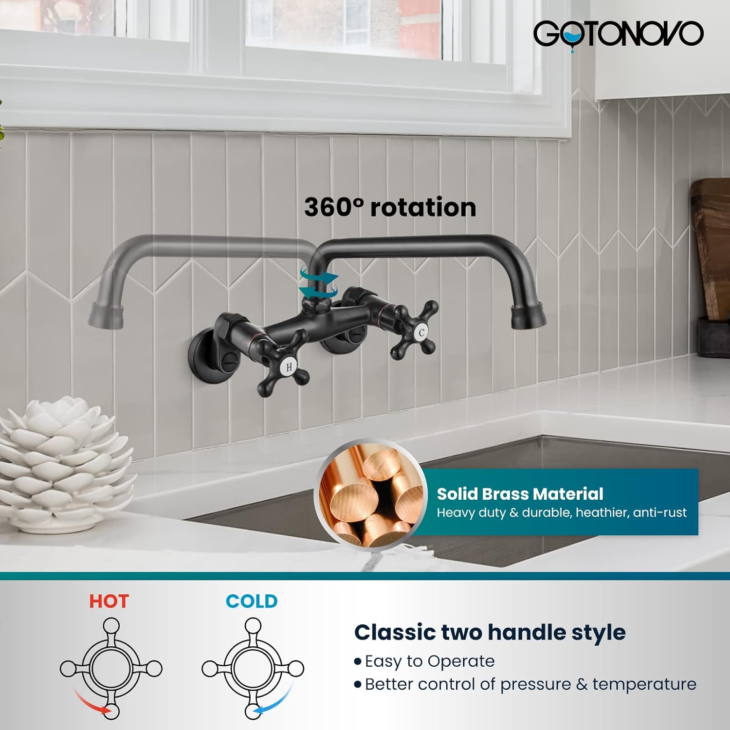 gotonovo Wall Mount Kitchen Sink Faucet Double Cross Handle Commercial Faucet 6 Inch Center Hole Distance Spread Mixer Tap 360 Rotatable Spout 8 Inch Spout Reach Oil Rubbed Bronze