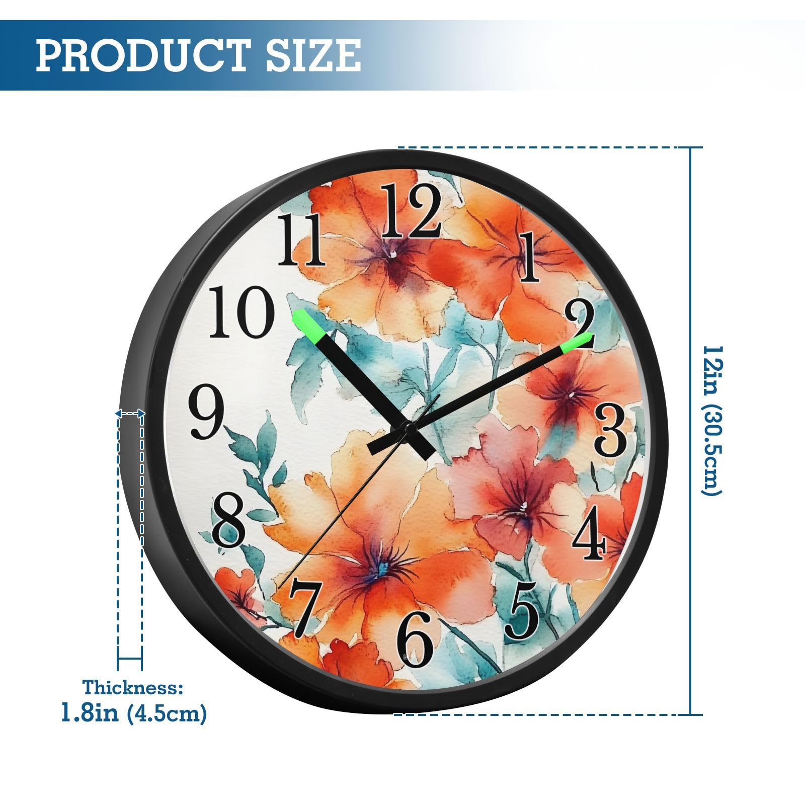 Mnsruu Reloj de pared luminoso con diseño de amapola y flores naranjas, reloj de pared que brilla en la oscuridad, funciona con pilas, silencioso, sin tictac, luz nocturna para dormitorio