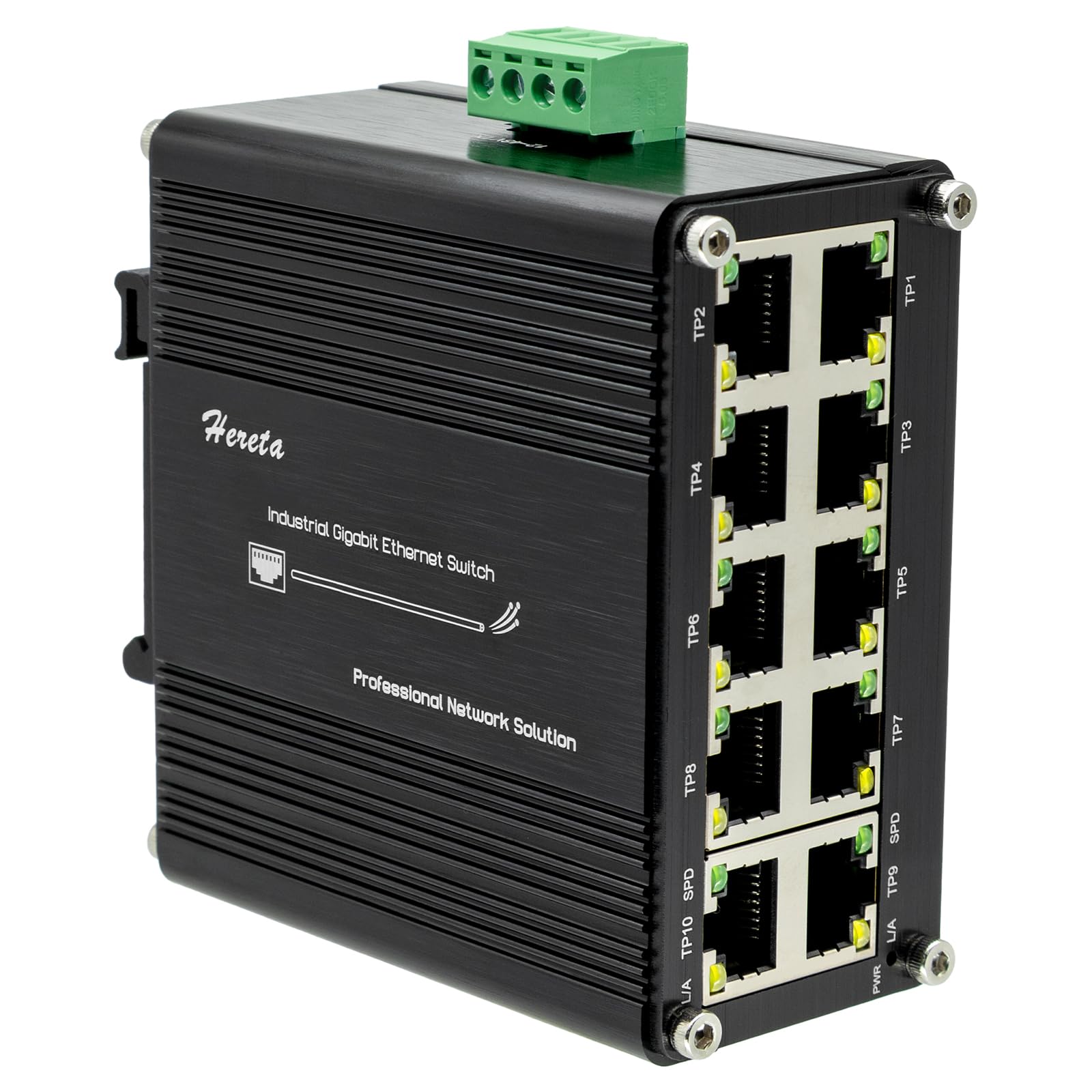 Switch Ethernet Gigabit de 10 Puertos, Industrial Conmutador Gigabit con 10 x RJ45 Puerto, 10/100/1000 Mbps, No Gestionado, Plug & Play, Admite una Entrada de 12–48 V CC
