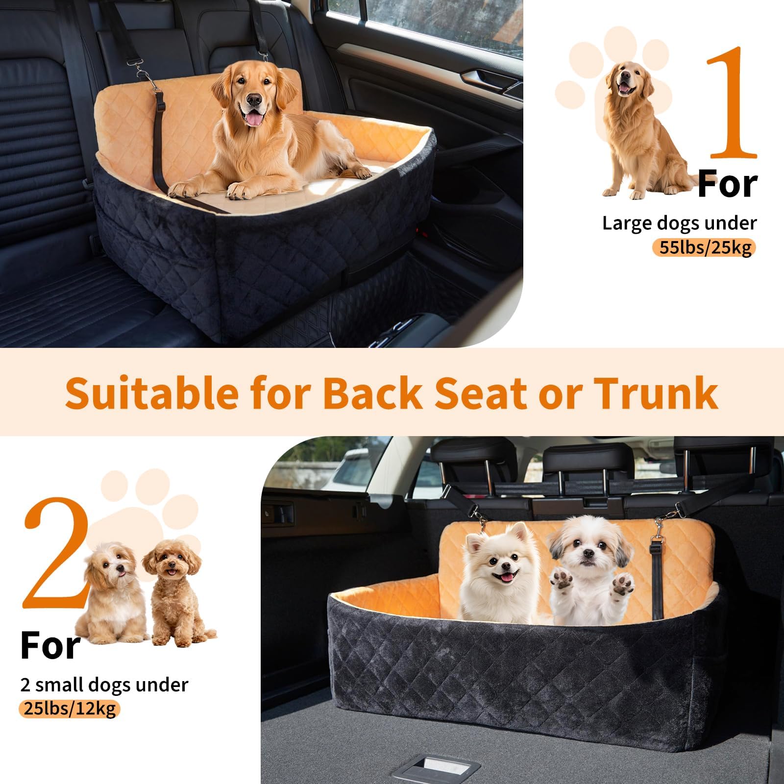 Garvee Asiento grande de coche para perro, cama de espuma viscoelástica de 80 x 50 cm con 2 correas de seguridad, funda lavable desmontable y bolsillos de almacenamiento, asiento elevador para