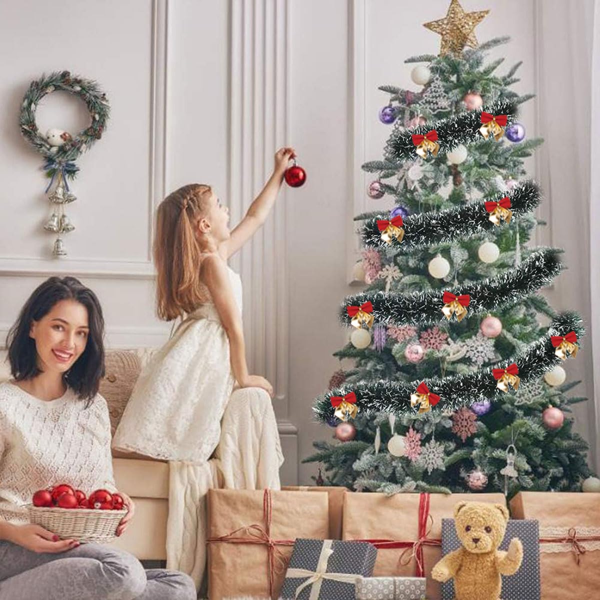 Lot De 5 Guirlandes De Noël Vert Givré 200x9 Cm - Avec Nœuds Rouges Et Dorés (30 Pièces) - Déco Intérieur/extérieur - 3