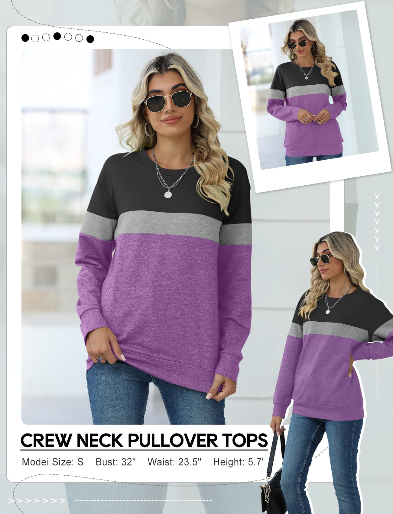 TICTICMIMI Damskie casualowe bluzy z długim rękawem kolorowe bloki/jednolite topy bluzy z okrągłym dekoltem uroczy luźny krój sweter z kieszeniami