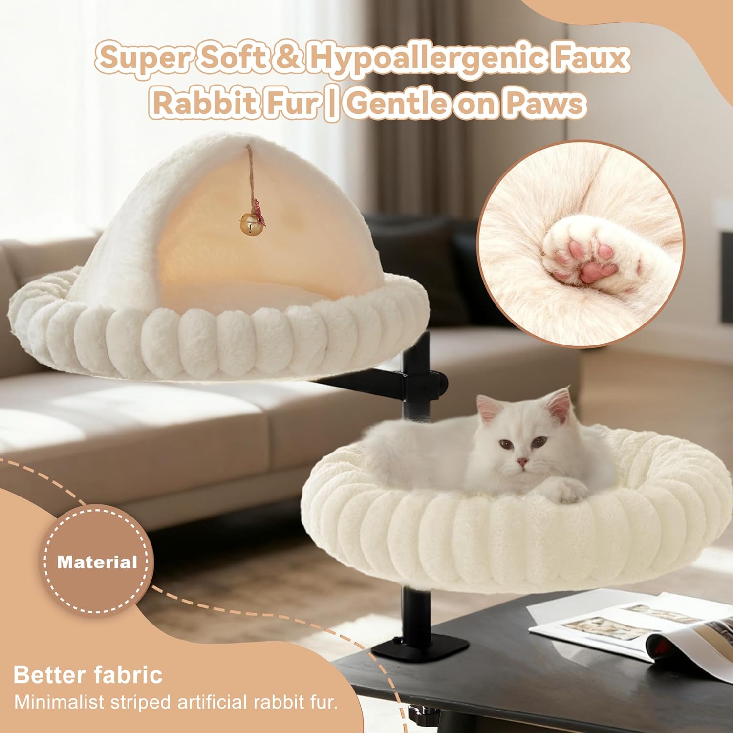 Dogpals 2-in-1 Cat Desk Bed: 360° Rotating & Height Adjustable Cat Tree with Semi-Enclosed & Open Layers, No-Drill Clamp for Desk up to 1.18" Thick, Supports 9lbs for Office