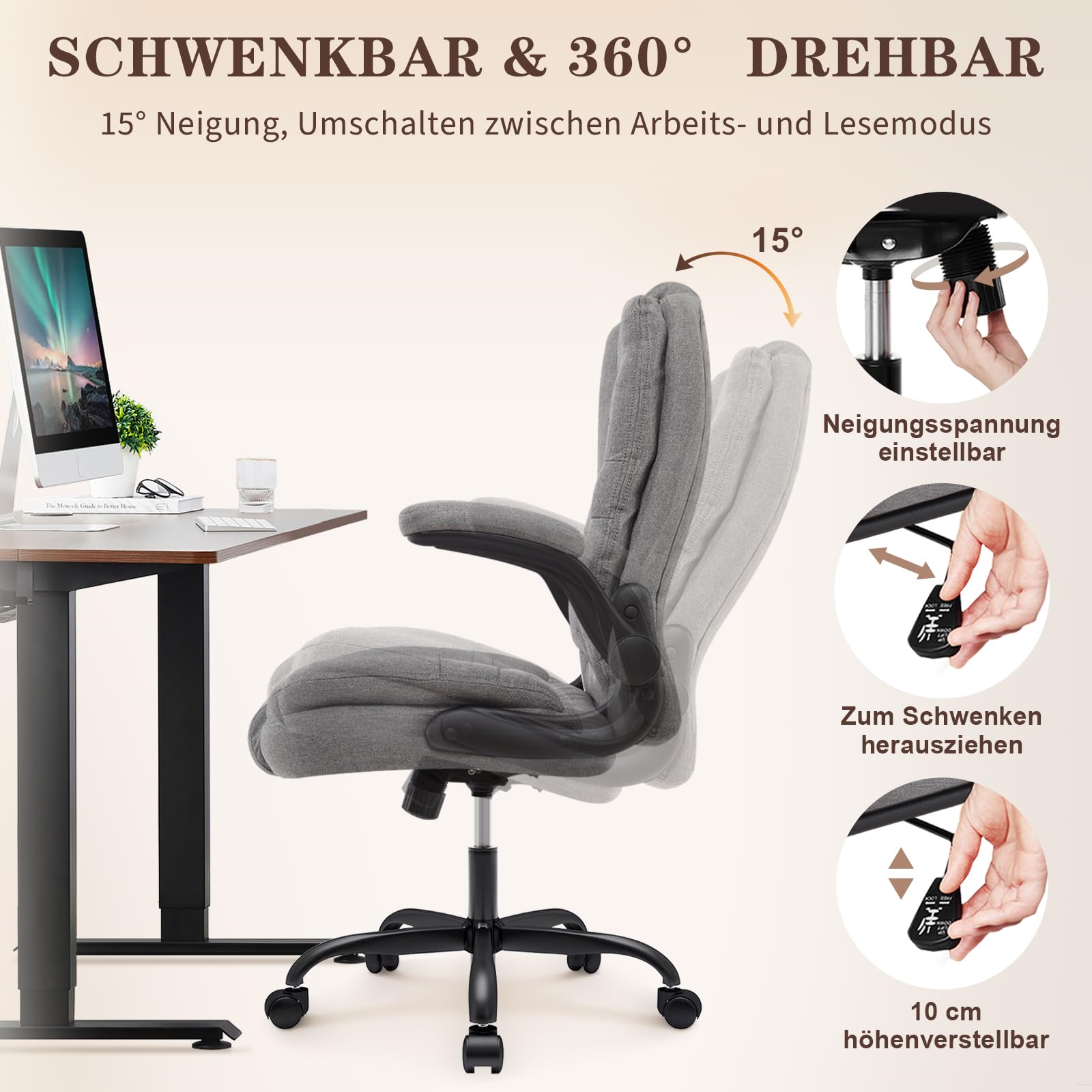 IWMH Ergonomischer Bürostuhl,Schreibtischstuhl mit Hochklappbaren Armlehnen | Chefsessel Stoff Hohe Rückenlehne Höhenverstellbar für Home Office & Büro (Grau)