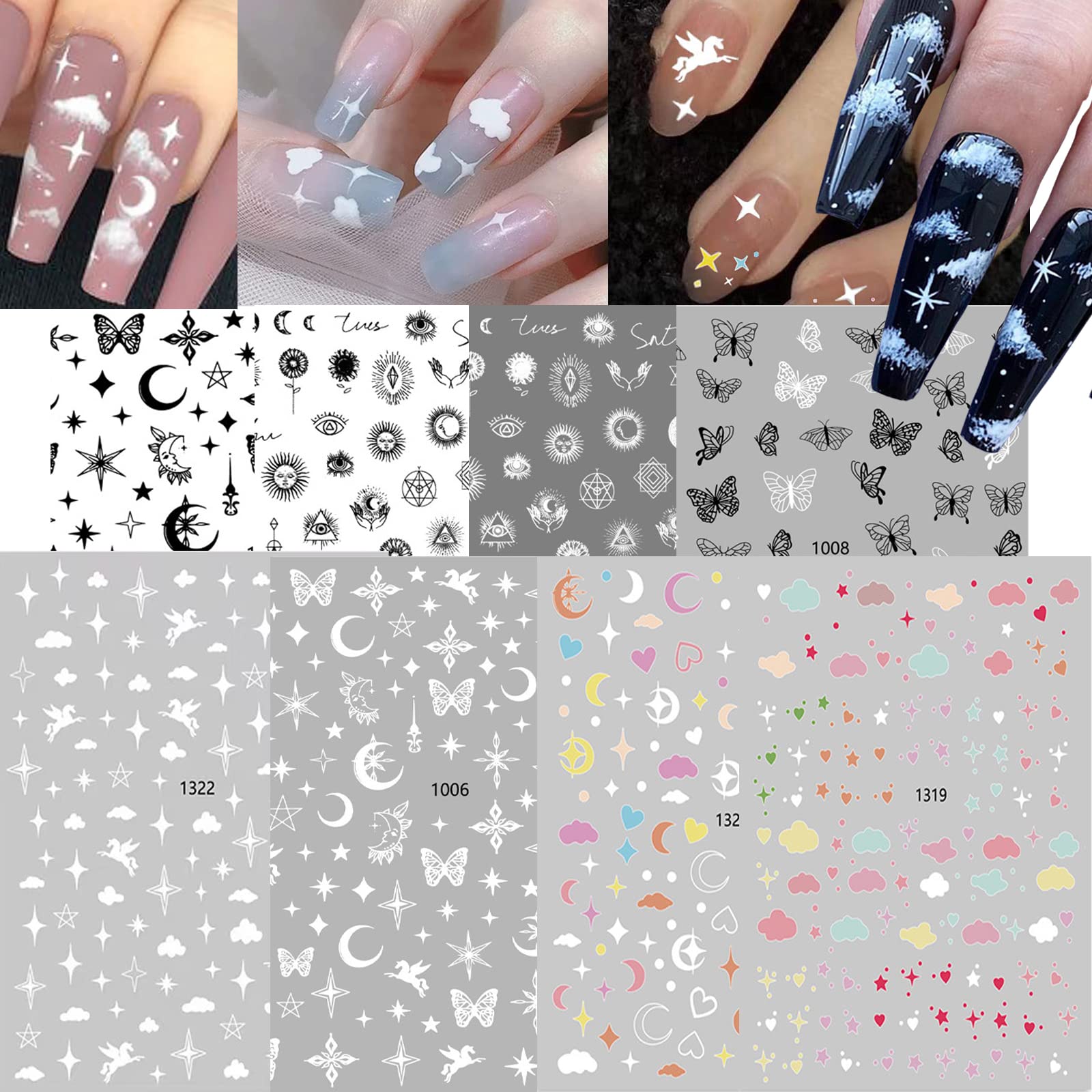 Amazon.com: 8 Sheets Star Moon Cloud Nail Stickers for Nail Art Decals, 3D  Self-Adhesive DIY Nail Art Supplies for Nail Decoration Designer, pegatinas  para uñas Nails Designs Accessories, Nail Tattoos for Women