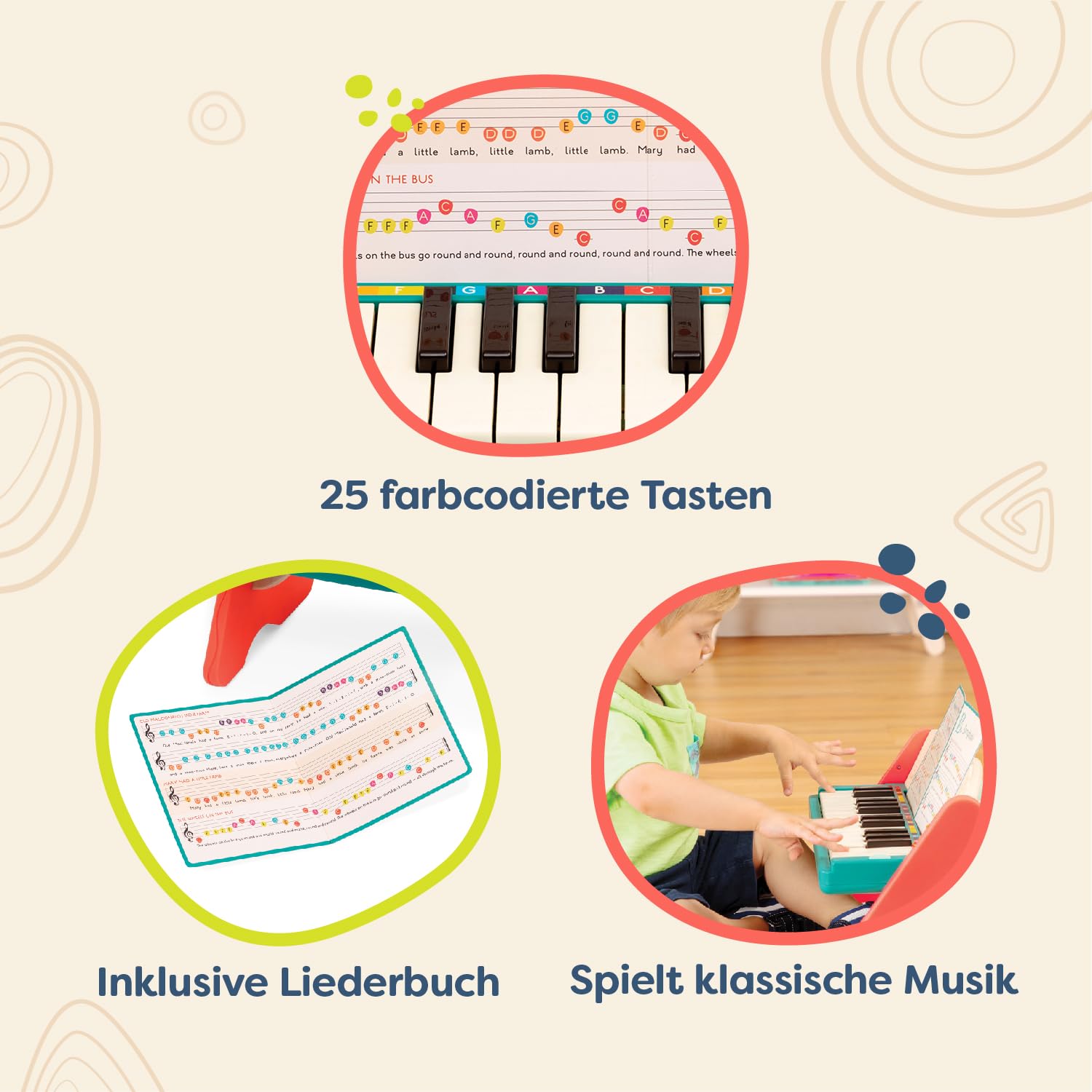 B. toys Spielzeug Klavier aus Holz mit Liederbuch, Piano Holzspielzeug, Musikspielzeug, Musikinstrument zum Klavier Spielen Lernen für Kinder ab 3 Jahren
