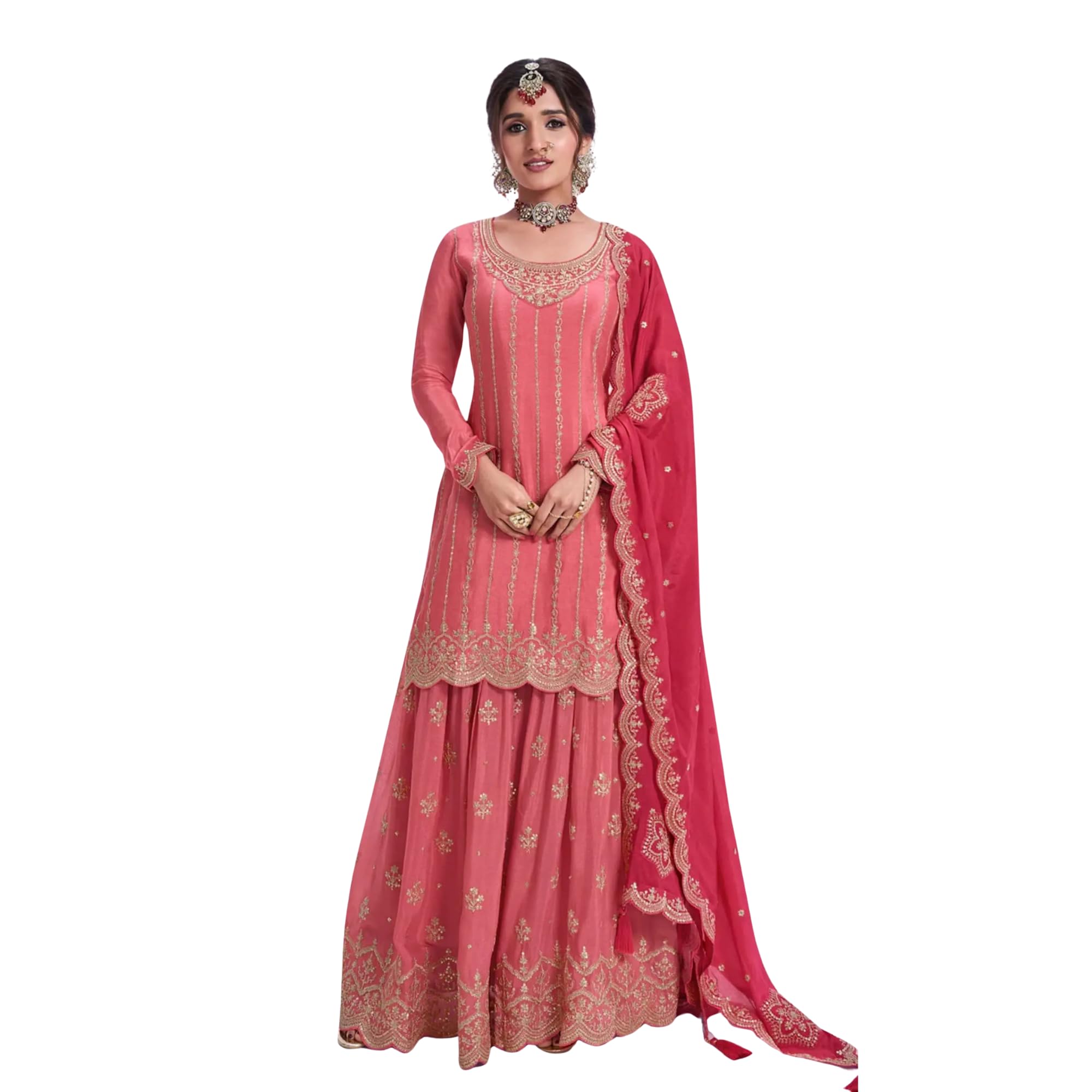 Damski brzoskwiniowy różowy czysty Chinon designerski zestaw garniturowy Sharara z Dupatta