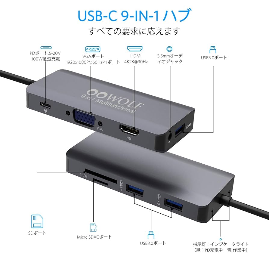 USB Cハブアダプター 9イン1 USB Cアダプター Type Cアダプター zhoa-store_9in1-hub