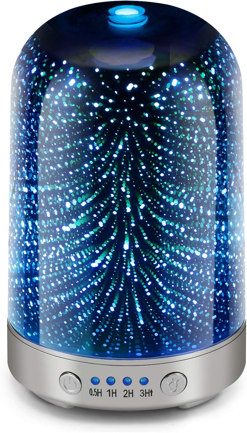 Essential Oil Diffuser 3D Glass Galaxy 120ml Diffuser Oil Humidifie Automatic Shut Off Without Water 4 Timed Settings for Home Office Yoga SPA Baby