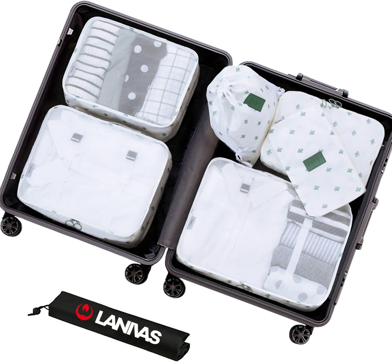 Suitcase Organizer,Lanivas 7pc Clothing Packing Cubes for Camping Backpacking White Cactus