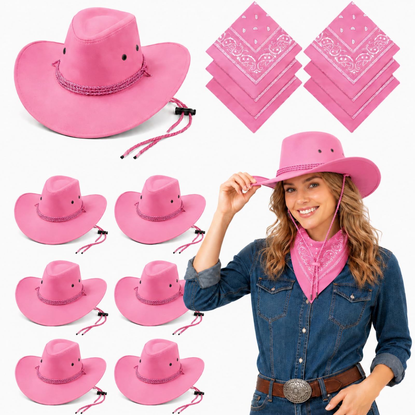 Zhanmai 12 Pcs Cowboy Hat and Bandana Cowboy Cowgirl Hats Bulk Western Party Costume Halloween Accessory