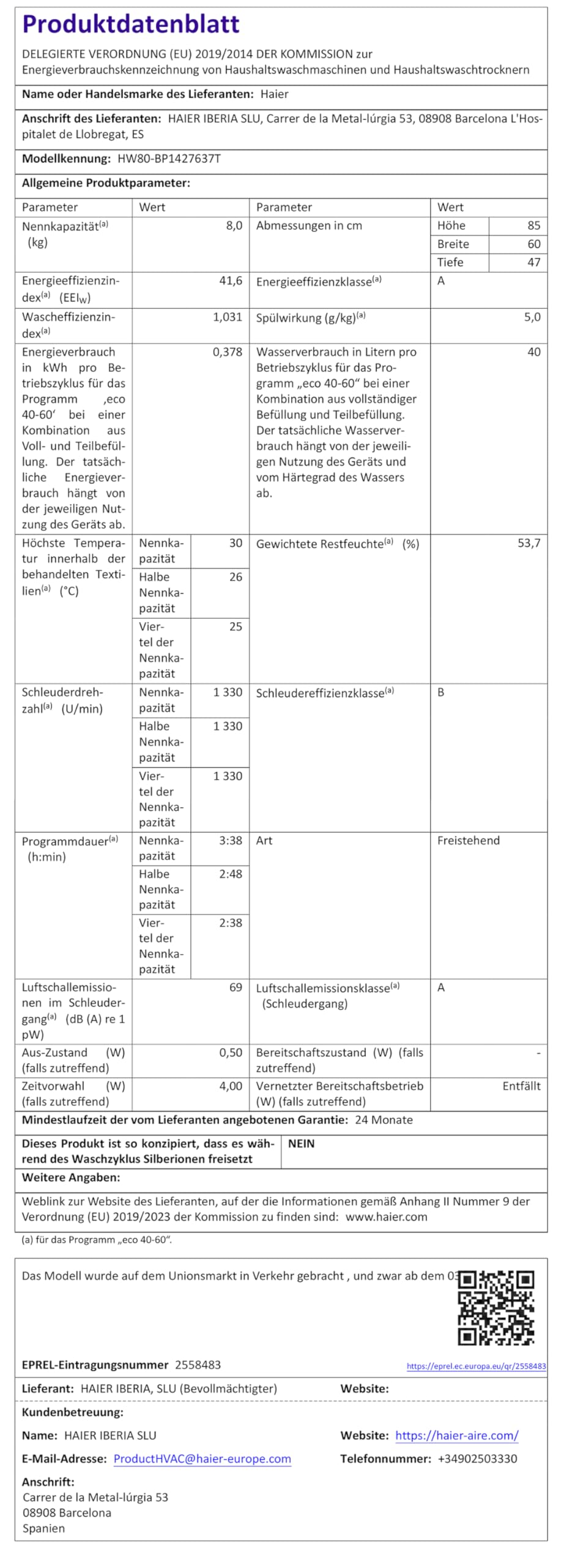Haier Frontlader Waschmaschine 8kg 1400 U/Min Inverter-Motor G3 Serie