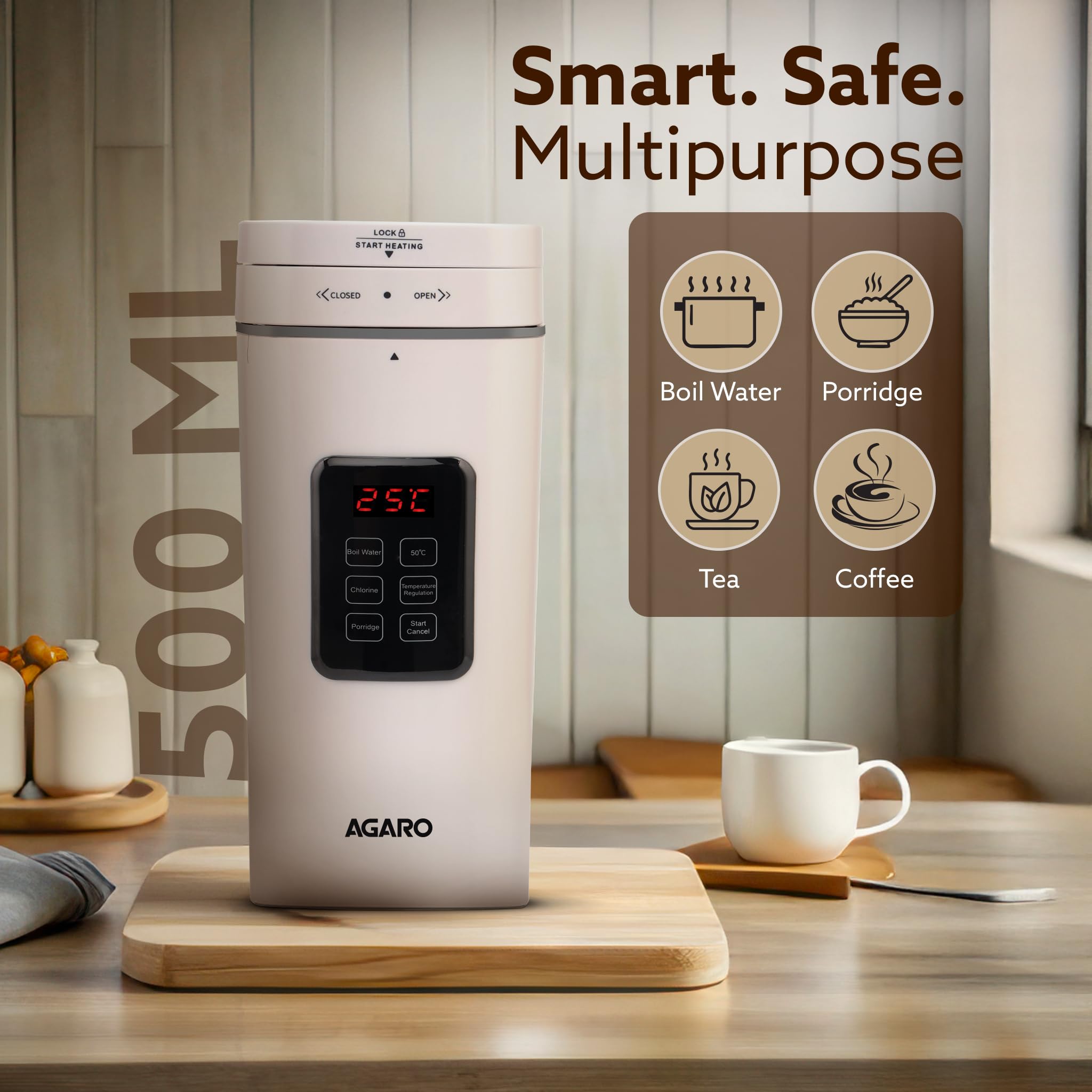 AGARO Delite Portable Electric Kettle, 500 Ml, Fast Boiling, Adjustable Temperature, Keep Warm, Dechlorination, Porridge, Double Layered Body, Travel Electric Kettle, Hot Water, White 4