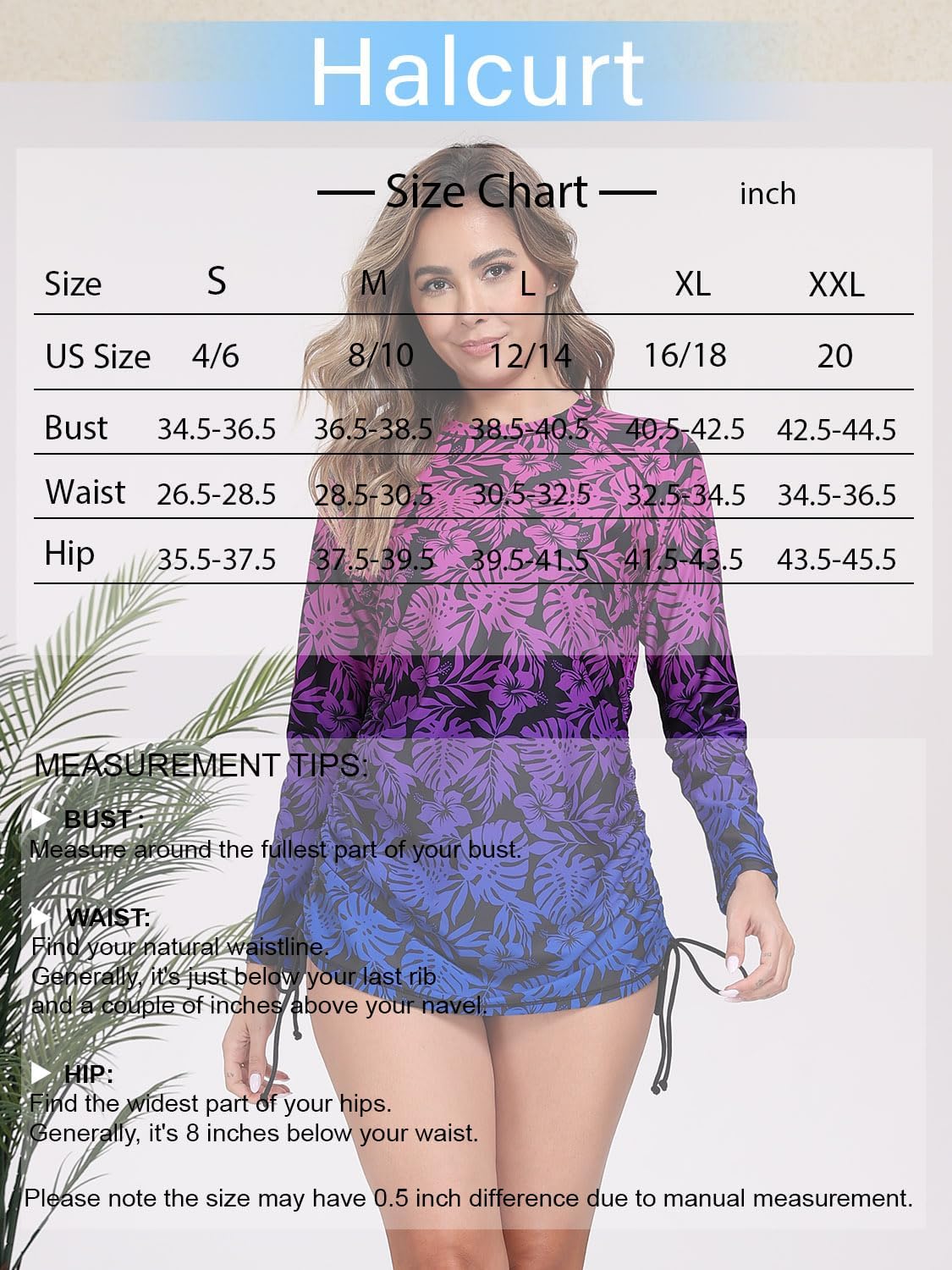 Halcurt Women's Long Sleeve Rash Guard Swim Shirt with Tie Drawstring UPF 50+ Sun Protection Swimsuit Top - Image 7