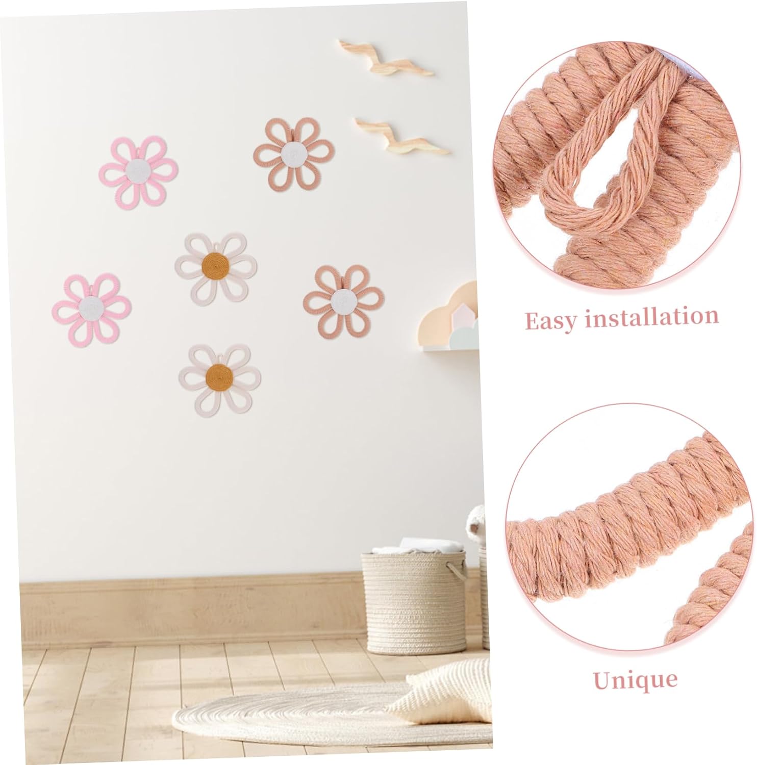 Luxshiny 6pcs Handmade Boho Floral Wall Decor for Nursery Vintage Daisy Woven Hanging Flowers Rustic Boys and Girls Room Art Soft Tones for Shower Decor