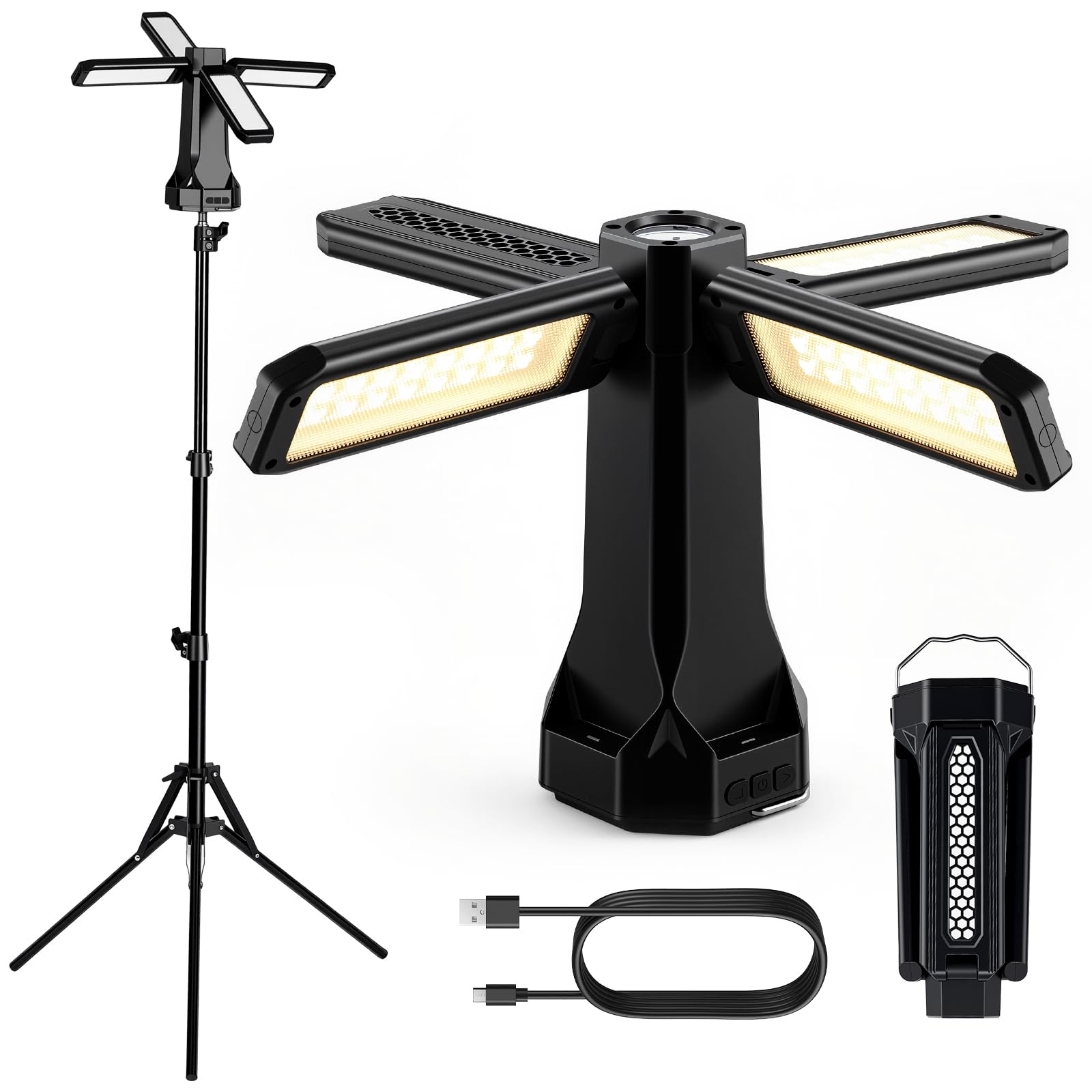 AUTOUTLET LED Campinglampe 16000mAh, 1,77M Baustrahler mit Stativ, 4000LM 4 Verstellbare Panels Campinglampe, 5 Lichtmodi, Dimmbar,Magnet & Haken,IP66 Wasserdicht Arbeitsleuchte für Werkstatt Outdoor