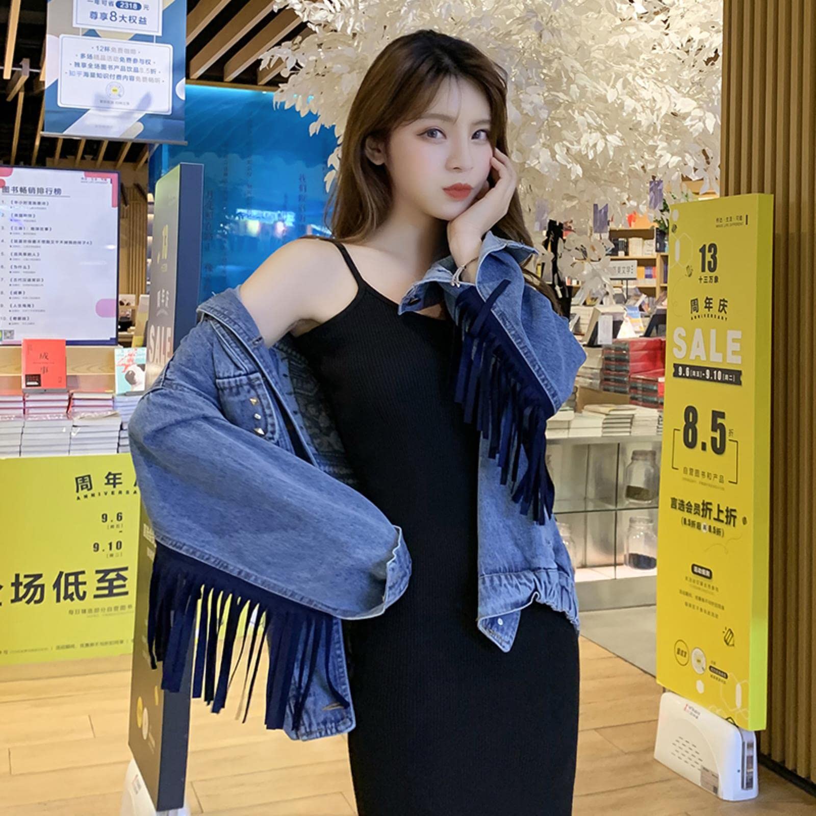 New Punk Tassel Bordado Denim Chaqueta Mujeres Blue Flow Remache Pocket Extremo Spring Spring Jean Chaqueta-Blue,M
