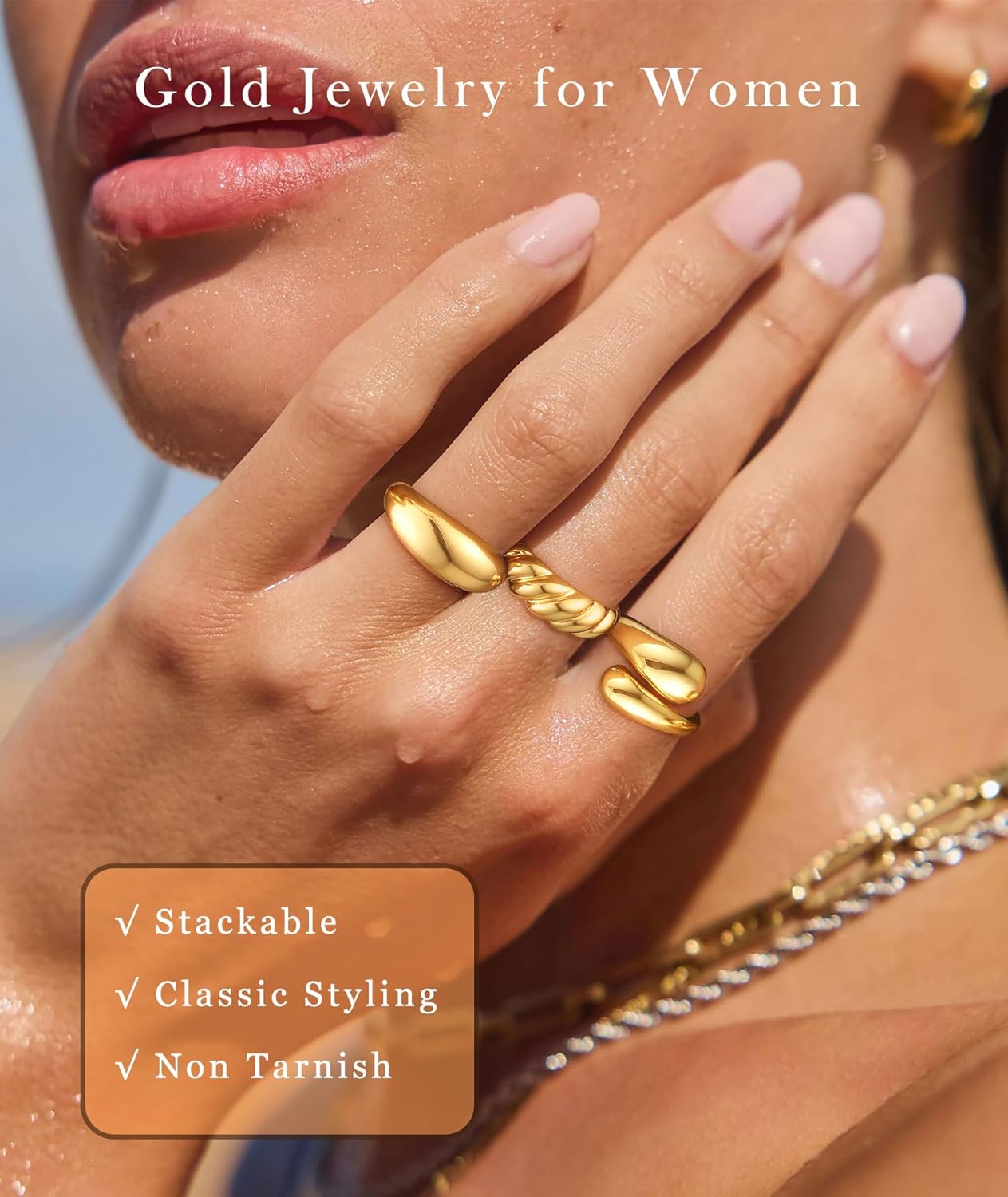 ZOERAY Chunky Gold Rings for Women Non Tarnish Trendy 14k Gold Plated Adjustable Signet Band Stackable Thumb Ring Set Open Twist Dome Statement Stacking Rings Jewelry Gifts for Women Size 5-10 - Image 4