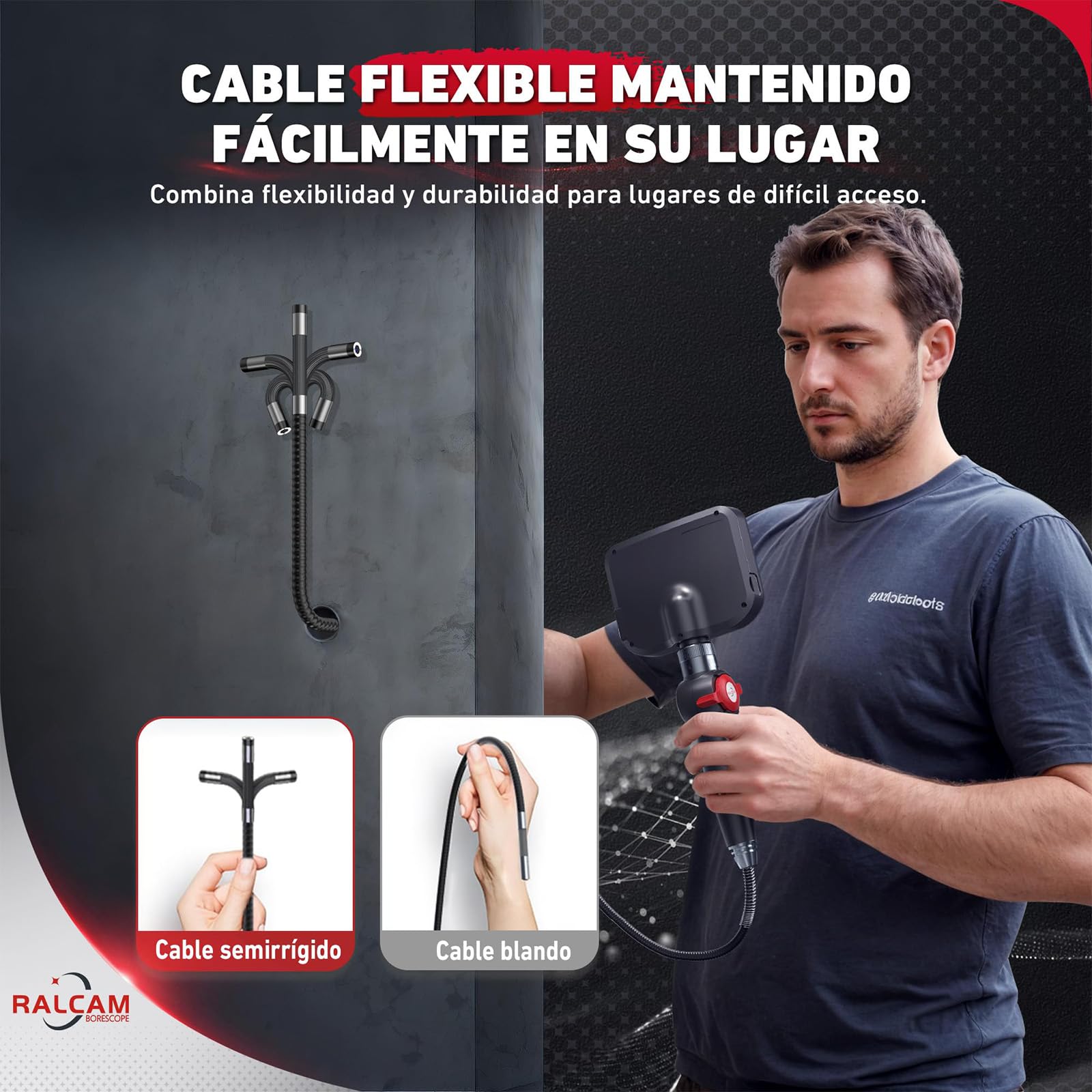 Ralcam Cámara Endoscópica con Pantalla 4,3" HD 1080P, 8,5mm con 6 LED, IP67 Impermeable, Endoscopio Profesional para Automóviles, Hogar y Fontanería (Sonda 1m Flexible)