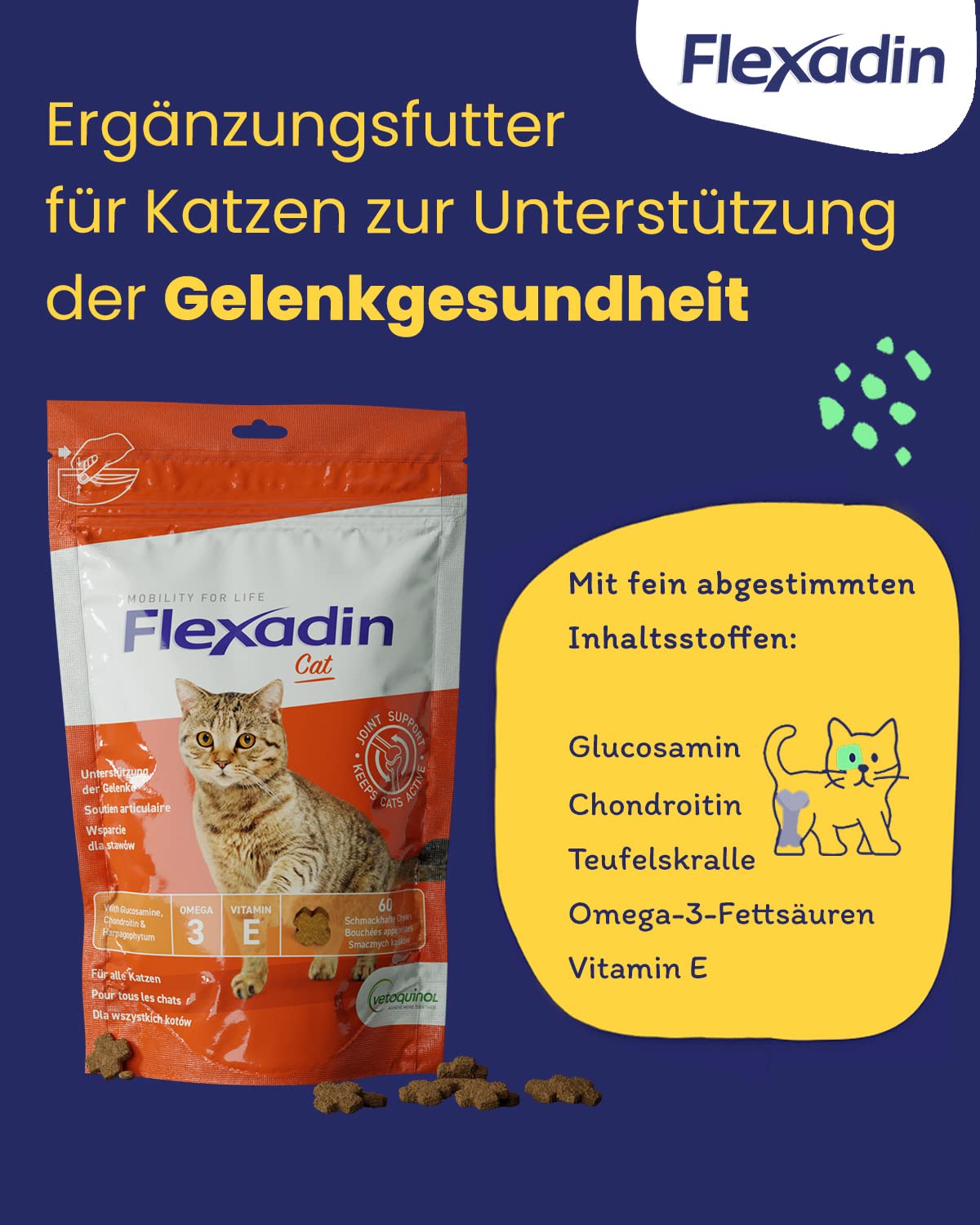 Flexadin® Cat | Para la salud articular de los gatos | con glucosamina, condroitina, omega-3 y garra del diablo – 60 golosinas articulares