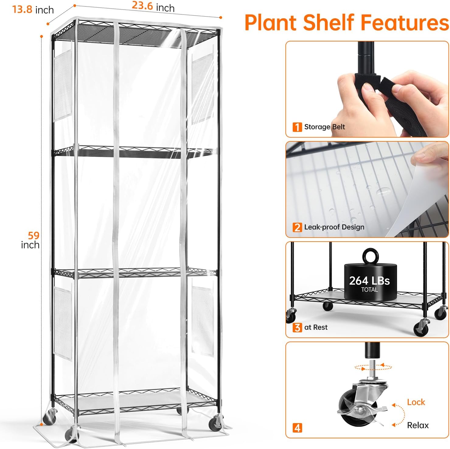 Bstrip Indoor Greenhouse with Grow Light, 23.5"x13.8"x59" Portable Metal Greenhouse Shelves with T8 2FT Full Spectrum Grow Light & Timer, Adjustable Plant Stand for Indoor Plant, Spring Seed Starting 3-Tier Greenhouse with Light