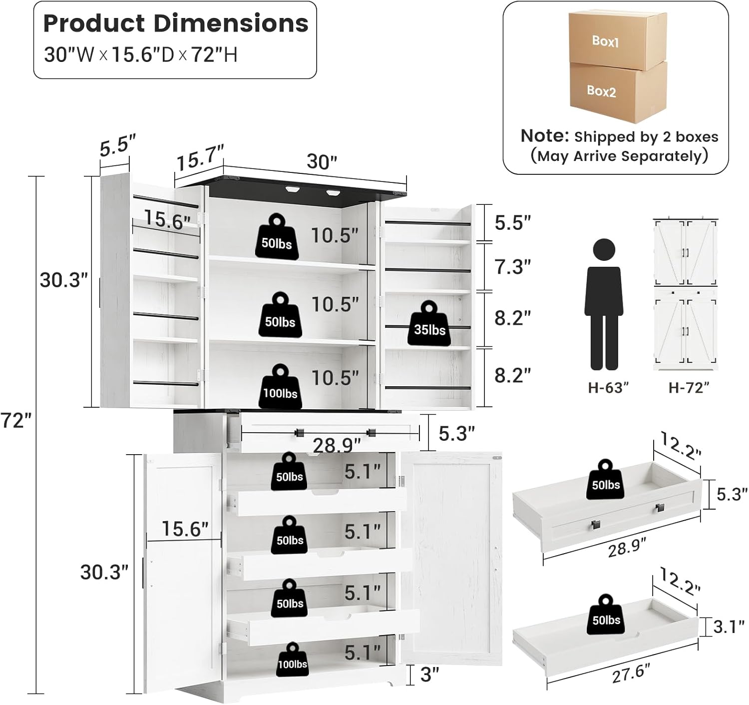 ELYKEN 72" Pantry Cabinet with Door Shelving & Sliding Shelves, Farmhouse Tall Kitchen Storage Cabinet with Door & Drawer for Dining Room, Living Room