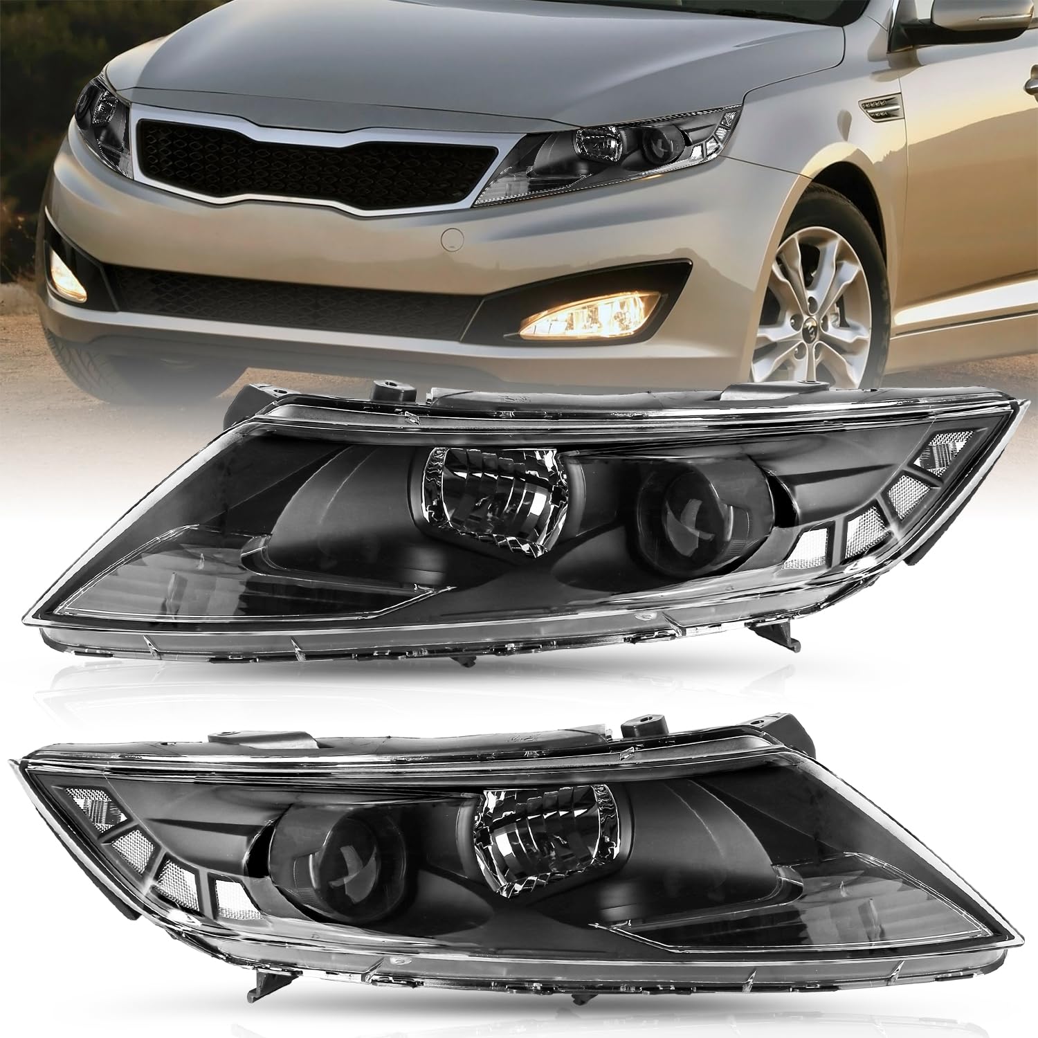 Headlight Assembly Fit for 2011 2012 2013 Kia Optima Headlamp Halogen Set (Black Housing with Clear Reflector)