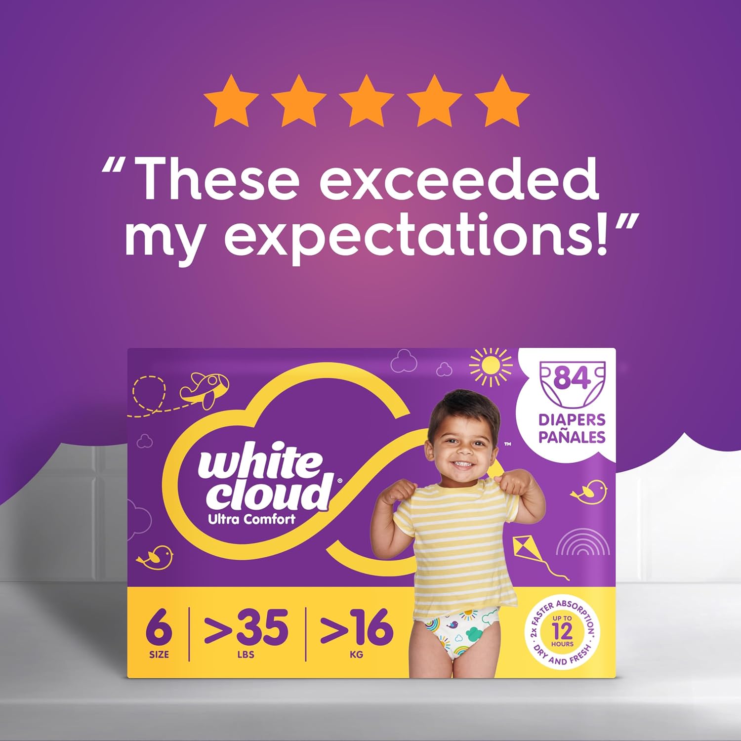 White Cloud Ultra Comfort Diapers, Size 6, 35+lbs, 4 Packs of 21 = 84 Diapers