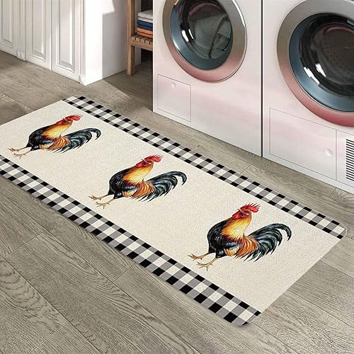 Miniatura 6 de Farmhouse - Juego de 2 tapetes de cocina retro con diseño de gallo en blanco y negro, antifatiga, de espuma viscoelástica, antideslizante, para