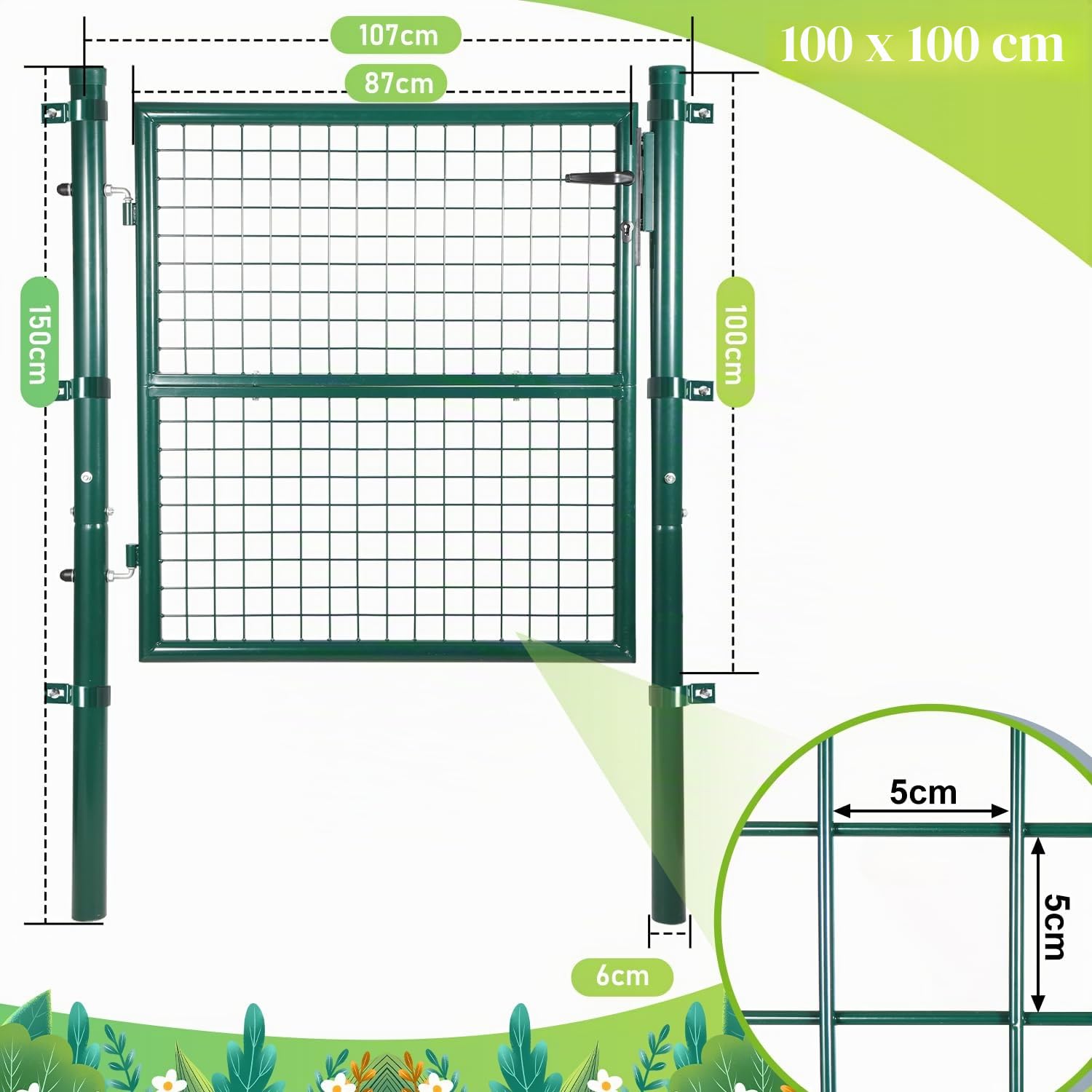 Fiqops Puerta de jardín, 100 x 100 cm, color verde, de acero galvanizado, incluye cerradura y 3 llaves, resistente a la intemperie, robusta y duradera