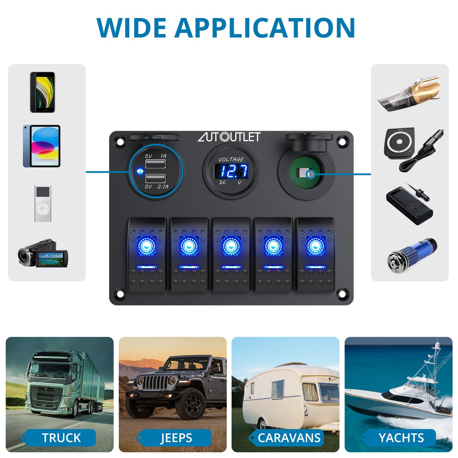 AUTOUTLET Panel przełączników 5-biegunowy, 12 V/24 V, przełącznik dźwigienkowy, IP66, wodoszczelna, podwójna ładowarka USB, woltomierz LED, zapalniczka z naklejką świetlną, do samochodów, łodzi, łodzi