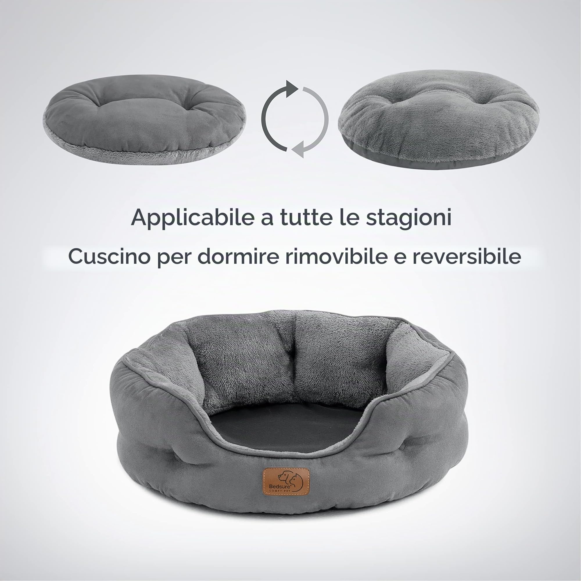 Bedsure Letto per Cani Piccoli Lavabile - Letti Grandi per Gatti da Interno e Cuccioli, Letto Rotondo per Cani di Media Taglia con Fondo Antiscivolo, grigio, 51 x 48 x 15cm
