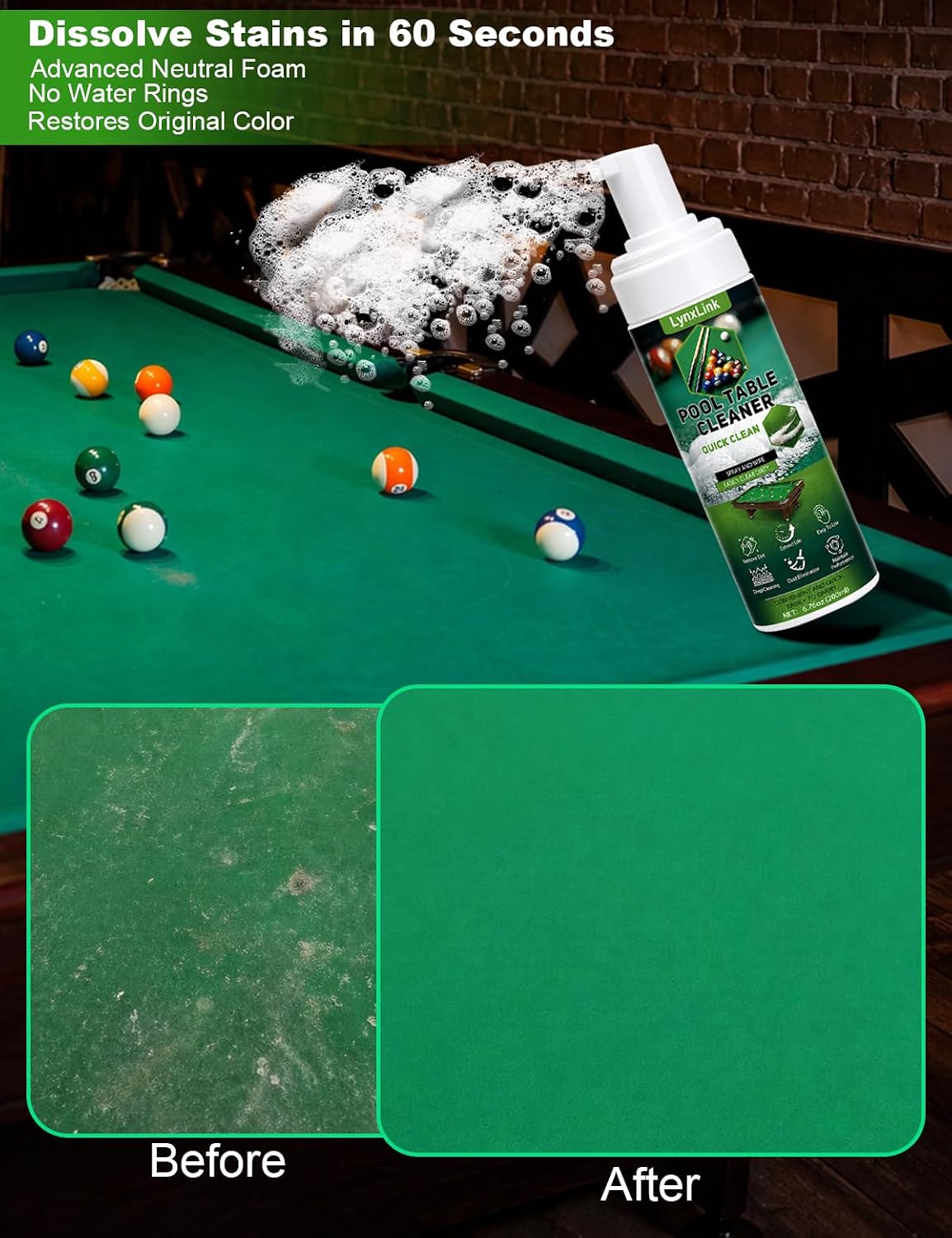 Pool Table Cleaner Kit - Foam Billiard Table Spray | Large Brushes, Cleaning Cloth, Billiard Table Maintenance Accessory Set, Suitable for Home & Club
