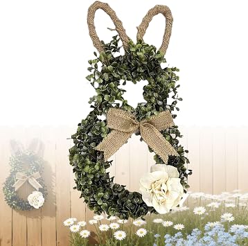 Easter Bunny-Themed Artificial Flower Wreath, Spring Floral Bunny Shaped Door Wreath with Bow for Front Door Wall Window Farmhouse Holiday Home Decor 1