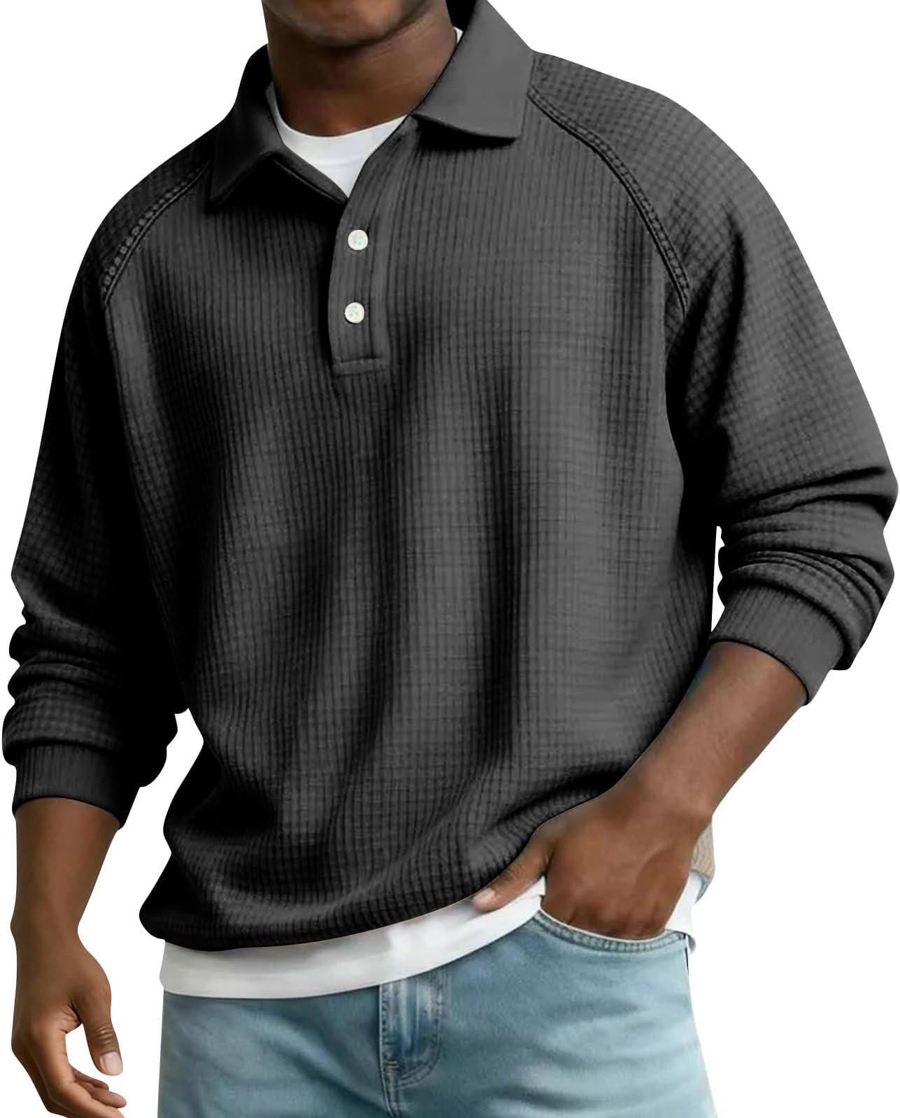 Men's Polos Shirt Long Sleeve Regular Fit Waffle Golf Polo Shirts Business Casual Solid Color Work Shirts, S-3XL