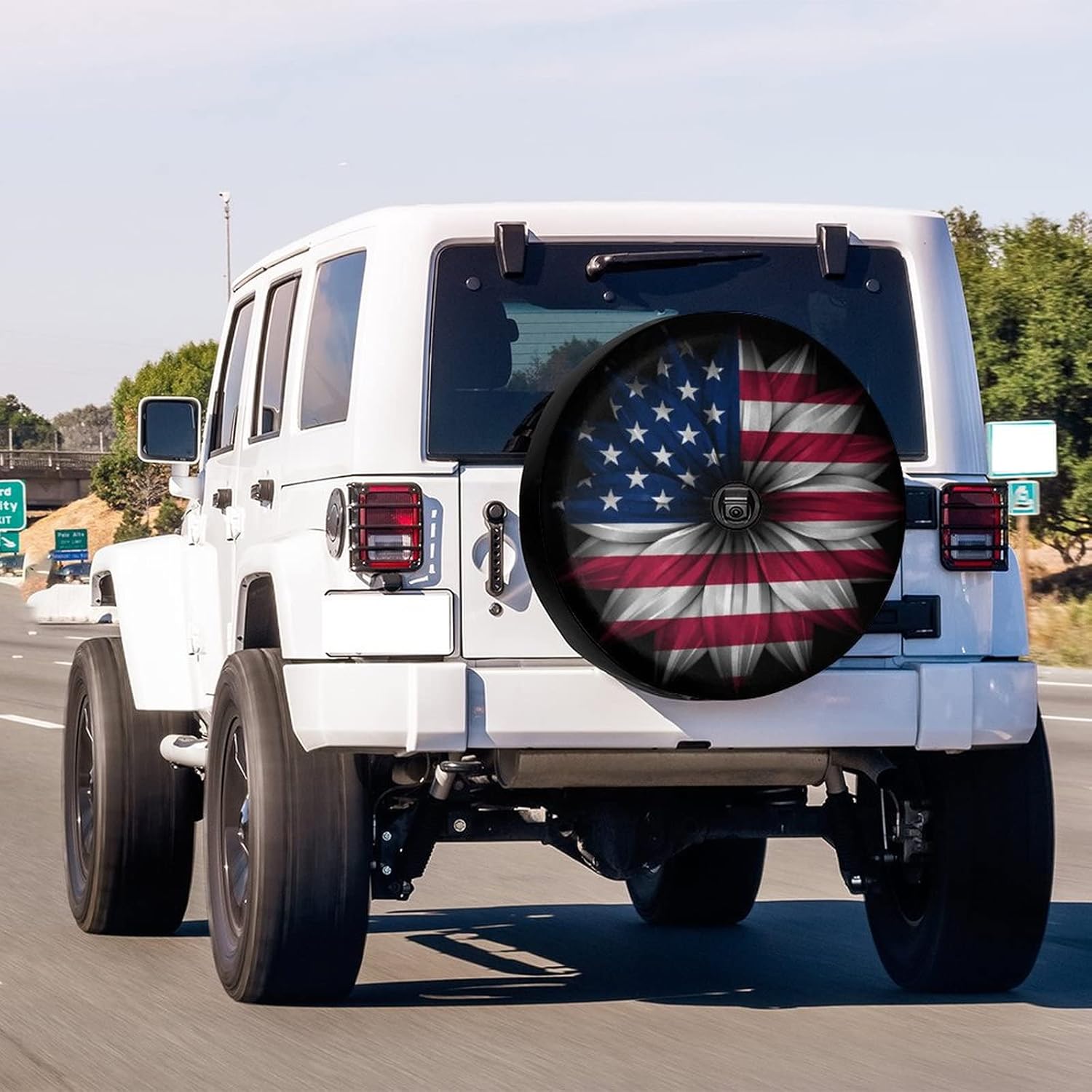 Foruidea USA Flag on Abstract Flower Spare Tire Cover with Backup Camera Hole Wheel Tire Cover Fit Trailer, RV, SUV and Many Vehicle 17inch