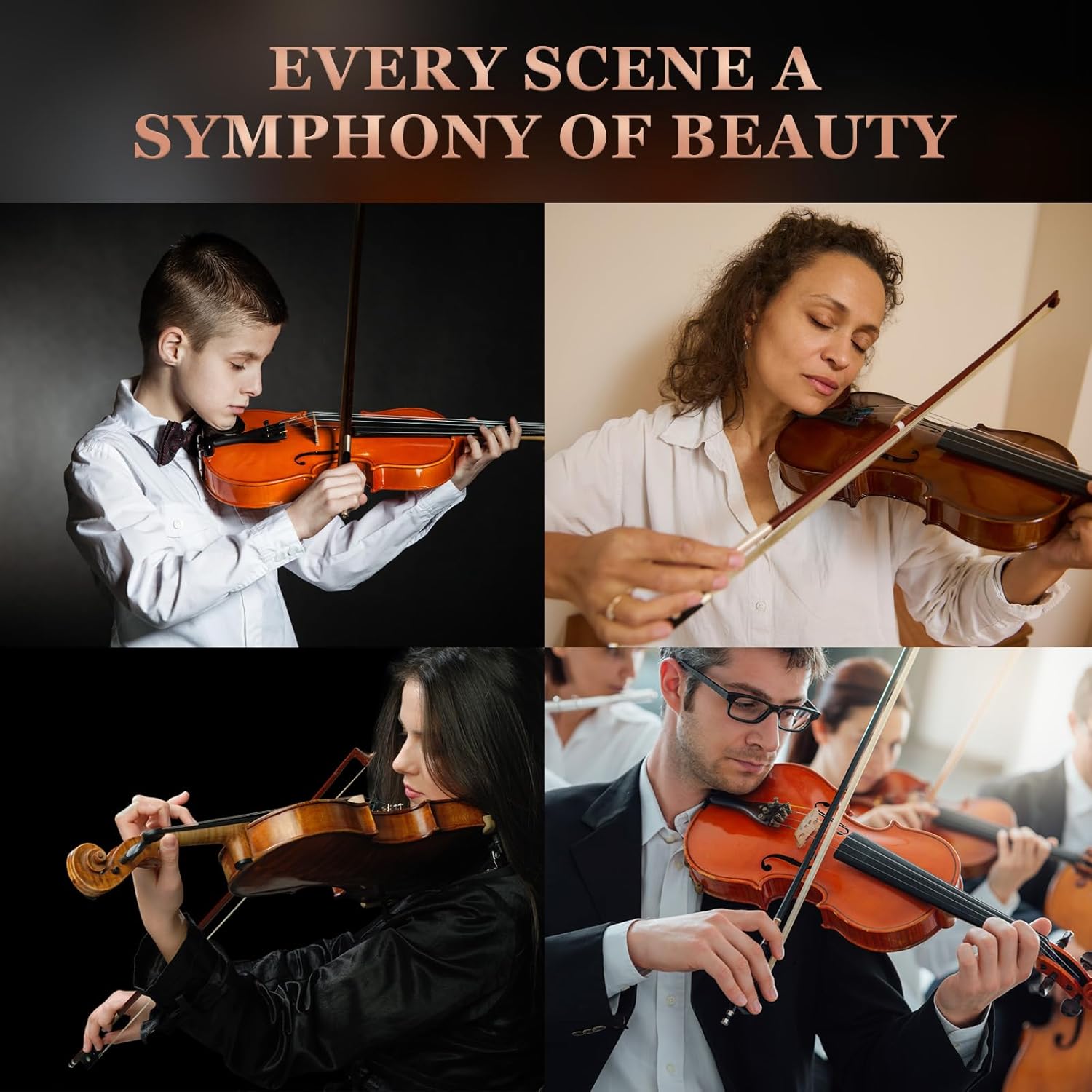 ALLSET 3/4 Full Size Acoustic Violin Kit for Beginners | Polywood Glossy Handmade Violin with Hard Case, Bow, Rosin, Shoulder Rest, Tuner & Extra Strings | Violin for adults | Tiger Stripe