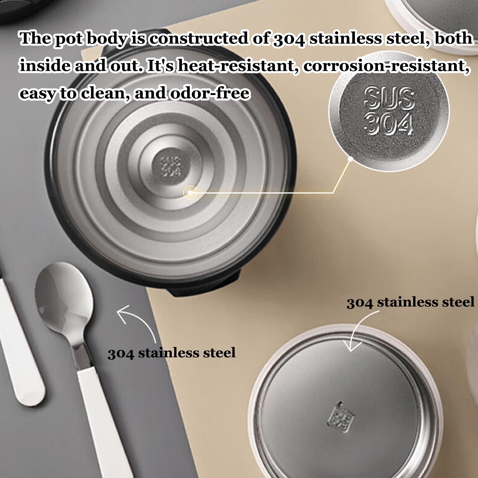 Vnook Edelstahl Isolierte Lunchbehälter, Warmhaltebebehälter, Bento-Box mit Faltbaren Löffel, Mehrschicht, für Büro, Schule Draußen, Servieren von Brei, Reis, warmes Geschirr(Black,2.3L)