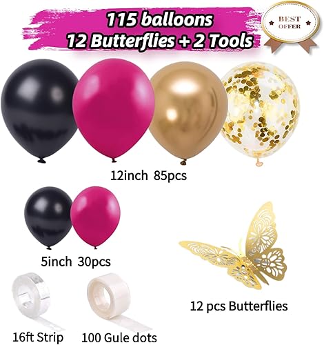 Miniatura 3 de Hermoso kit de guirnalda de globos de color rosa intenso de 127 piezas con globos rosas y negros, detalles de mariposa dorada para baby showers,