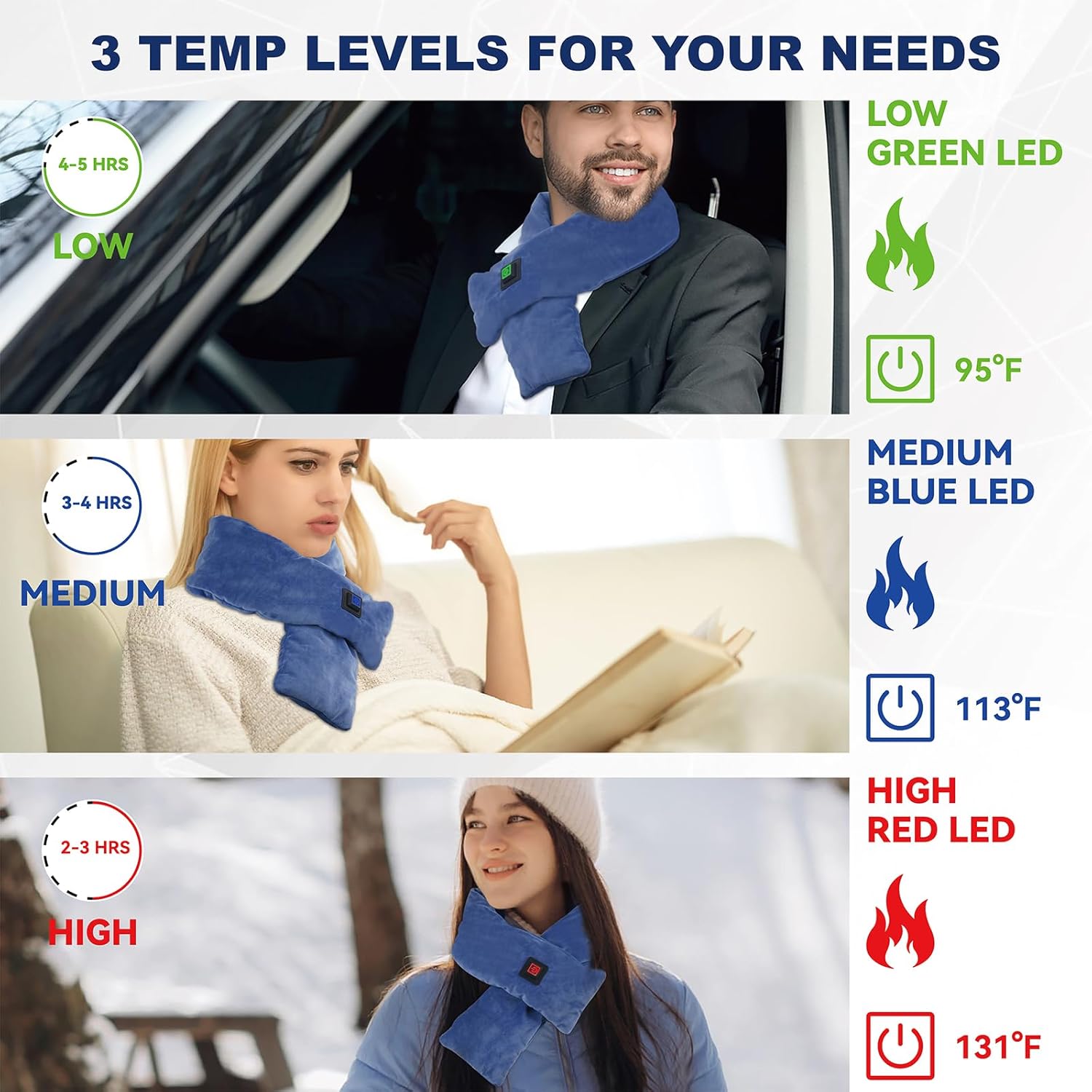 Heated Scarf with Power Bank, Electric Neck Heating Pad for Pain Relief, Portable Cordless Thermal Wrap with 3 Heat Levels, Soft Velvet Electric Neck Warmer for Men & Women Outdoor Winter Use-Blue